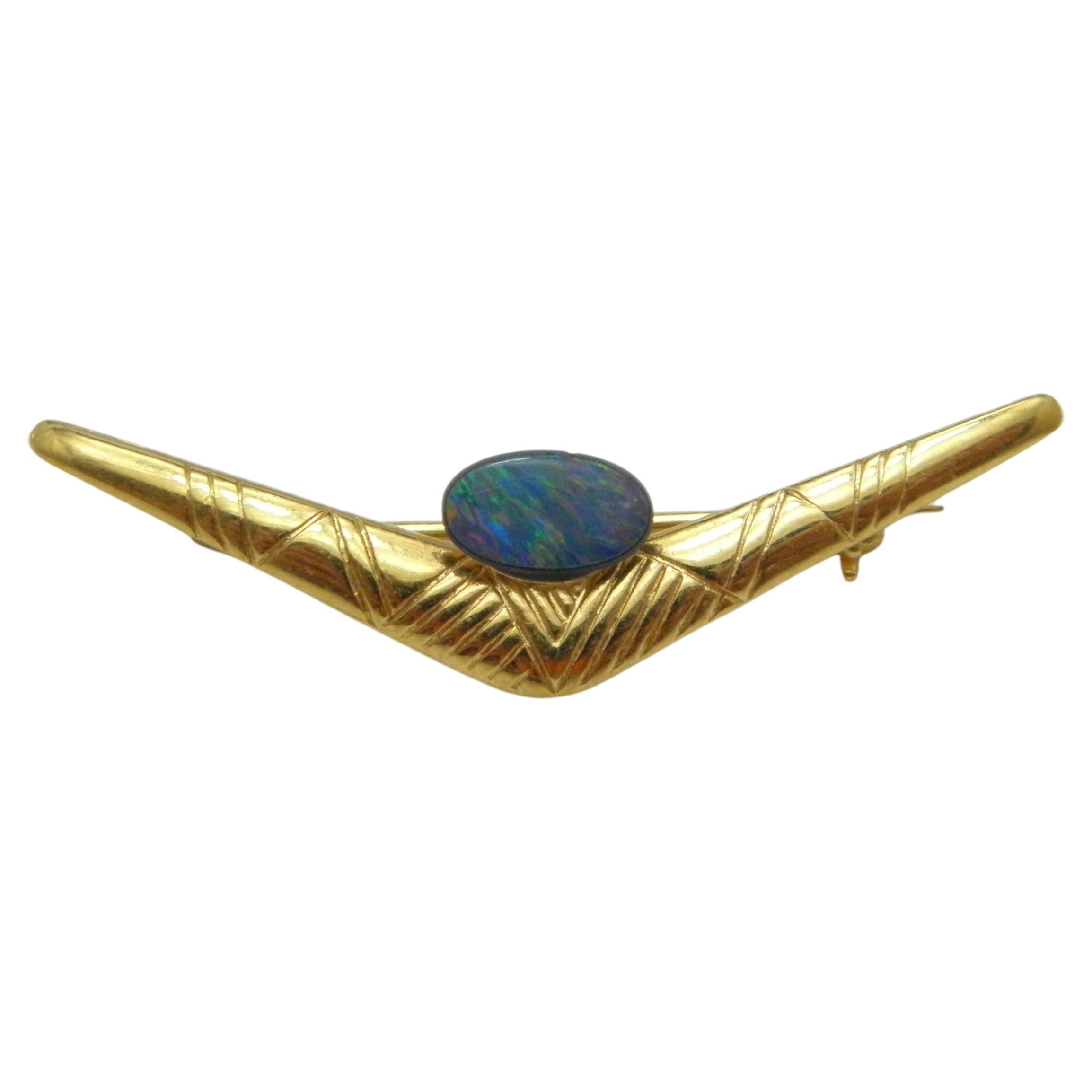 Vintage 14ct Gold Opal Boomerang Brooch Pin c1970s 585 Purity Heavy