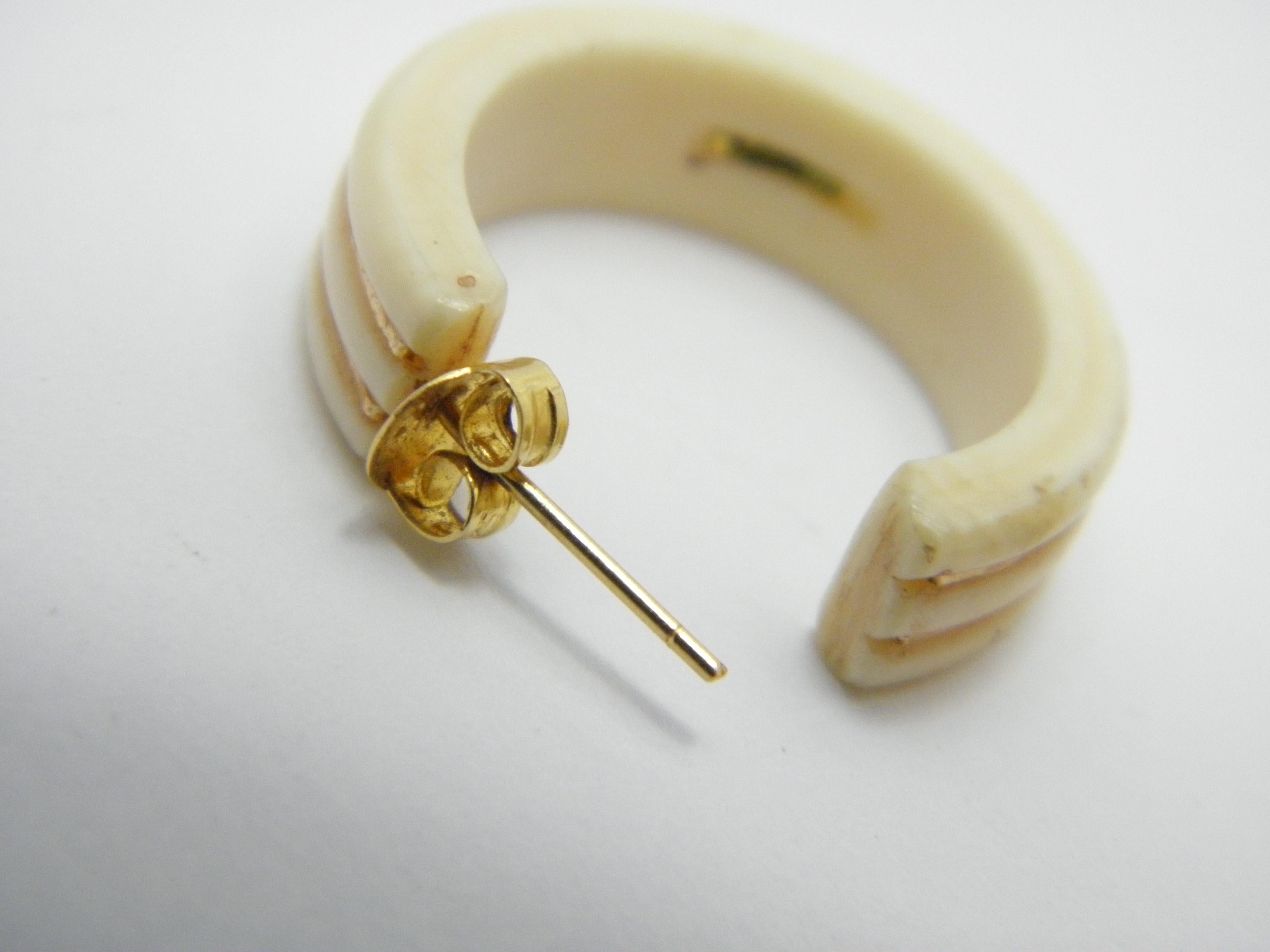 Art Nouveau Vintage 14ct Gold Ox Bone Hoop / Stud Earrings 585 Purity Mourning For Sale