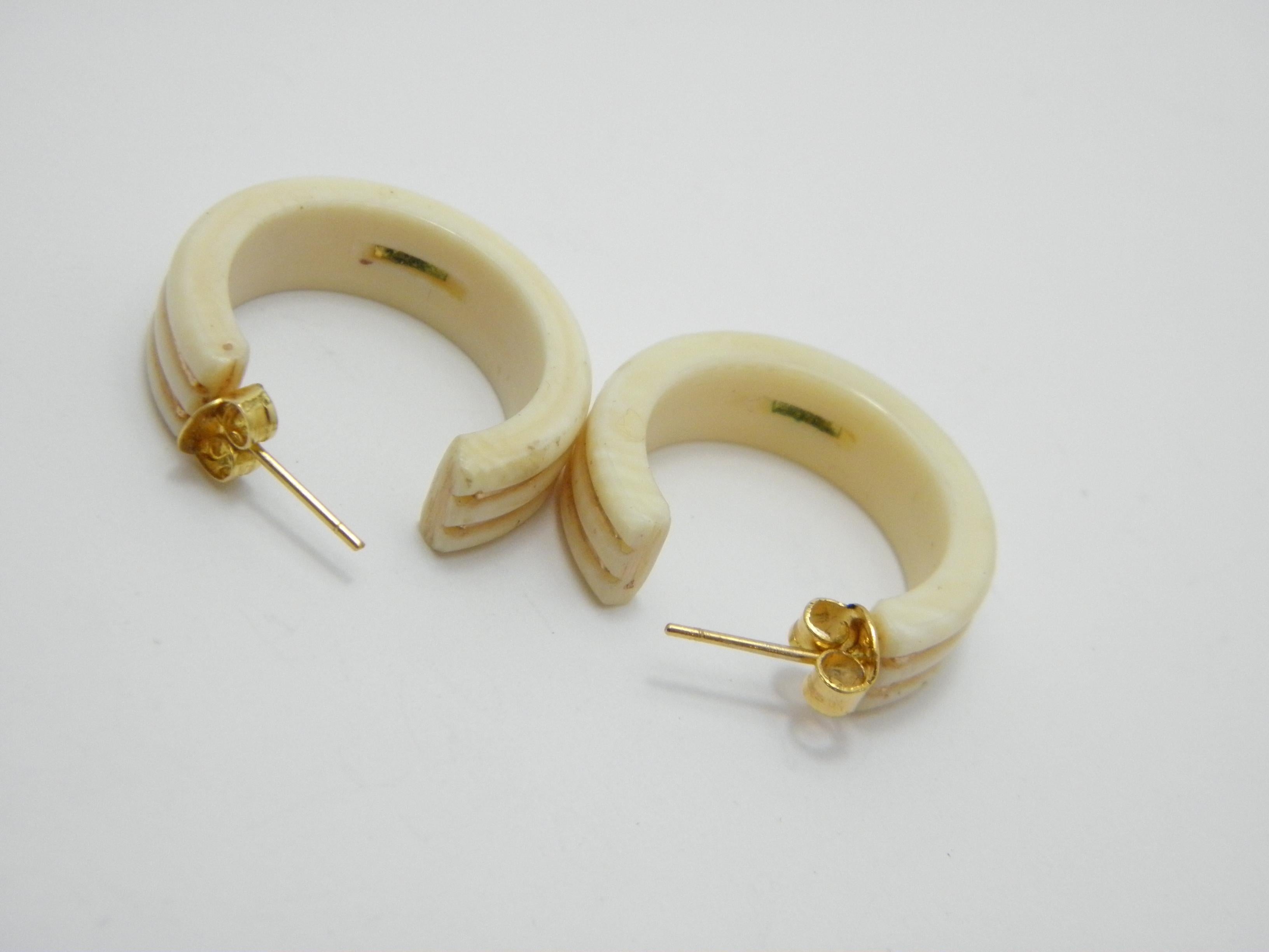 Women's or Men's Vintage 14ct Gold Ox Bone Hoop / Stud Earrings 585 Purity Mourning For Sale