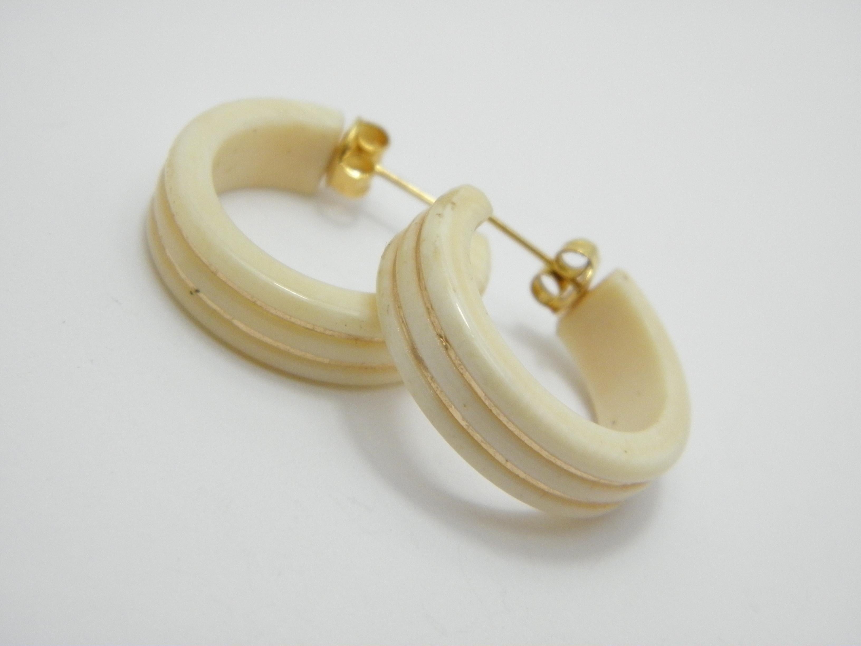 Vintage 14ct Gold Ox Bone Hoop / Stud Earrings 585 Purity Mourning For Sale 1