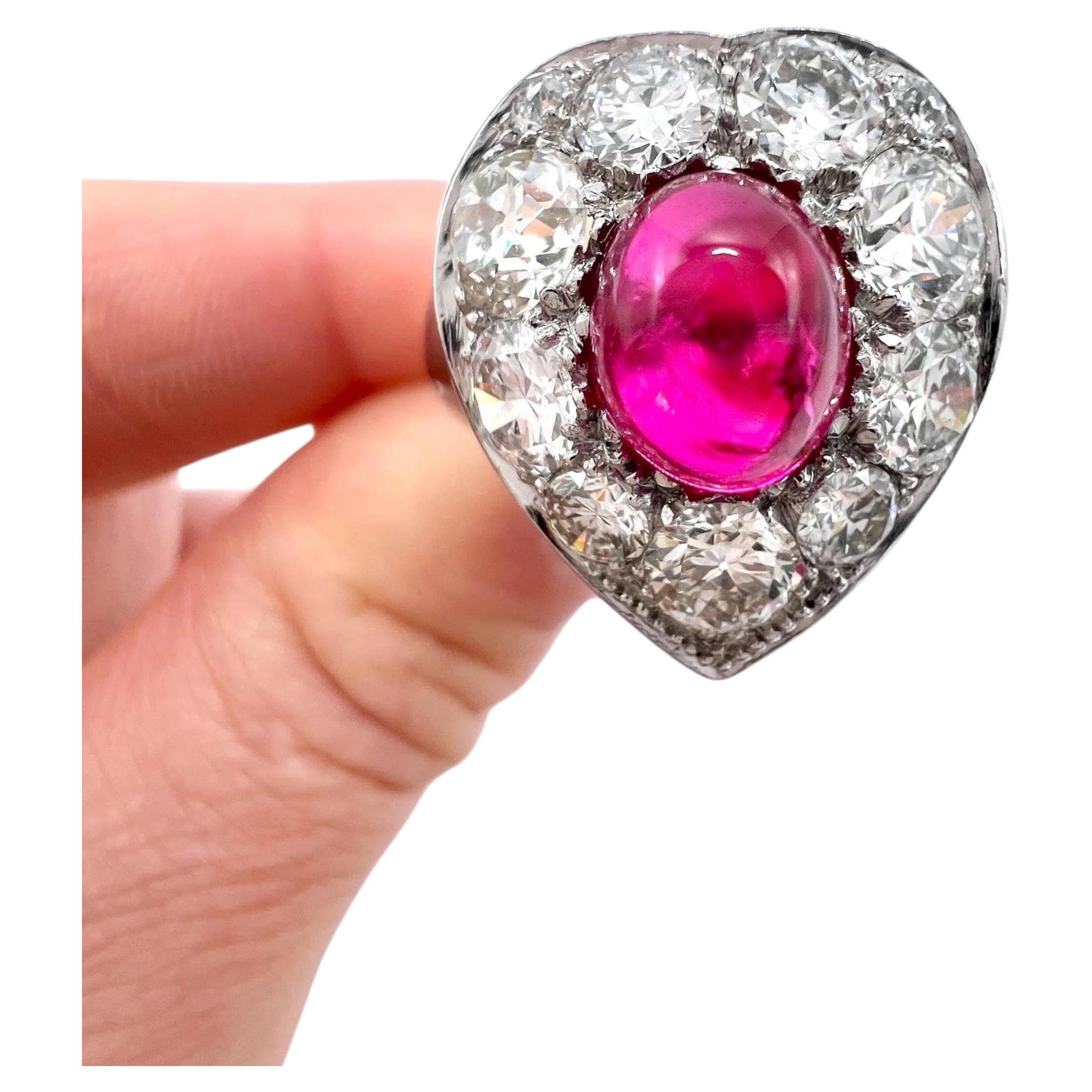 Vintage 14ct White Gold, Cabochon Ruby Heart-Shaped Diamond Cluster Ring
