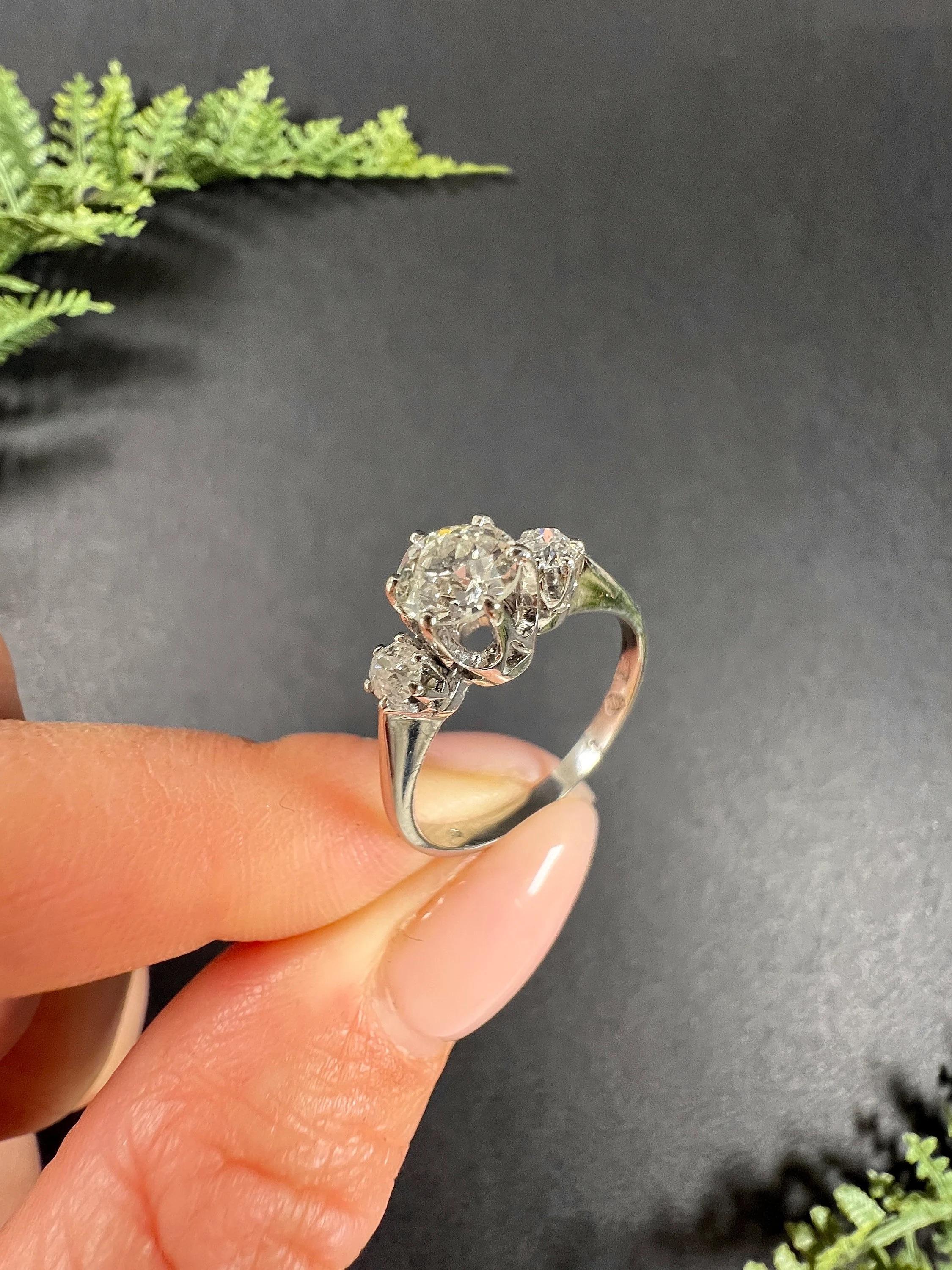Vintage 14ct White Gold French Stamped, 3 Stone Diamond , Trilogy Ring For Sale 2