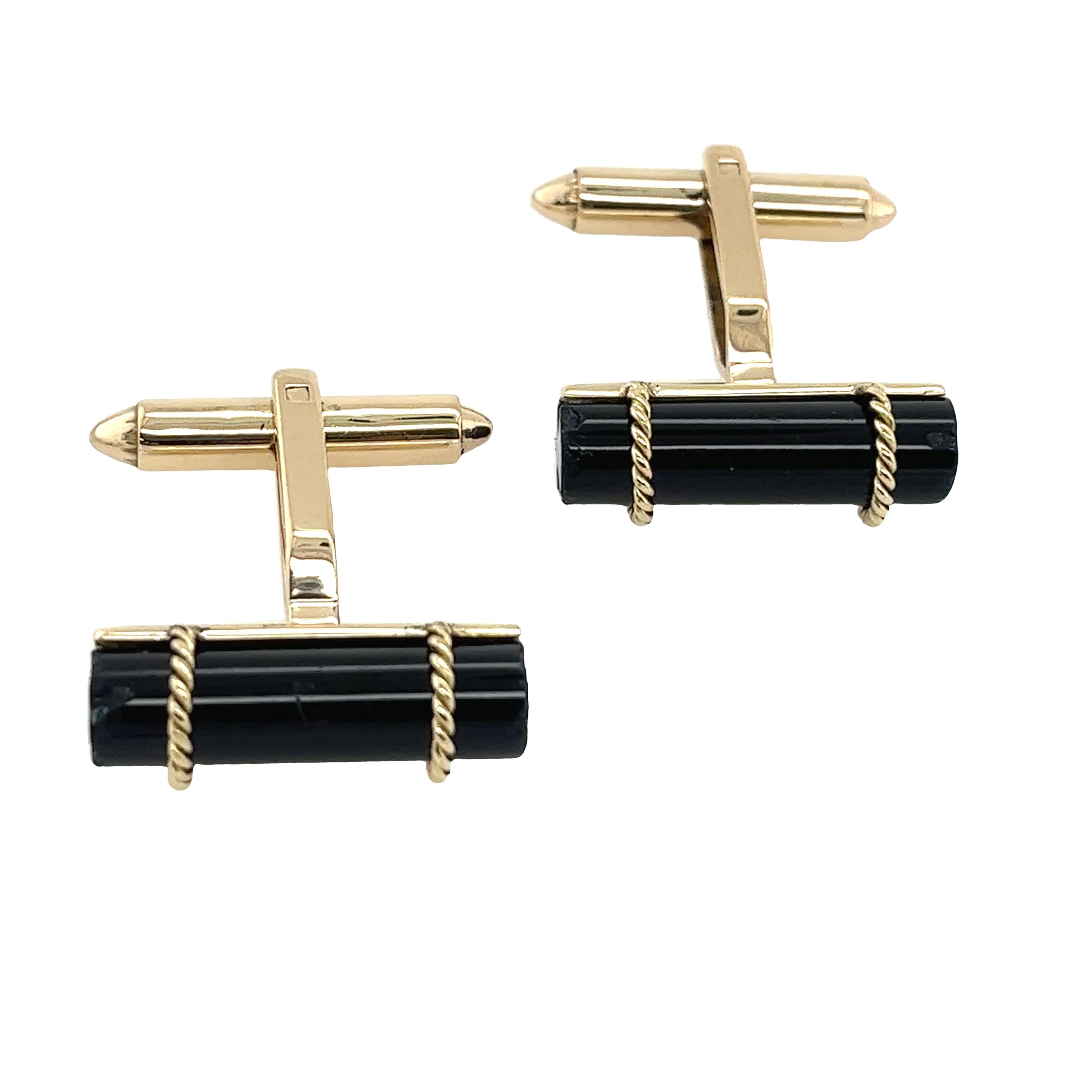 Vintage 14ct Yellow Gold Black Onyx Cufflinks In Excellent Condition For Sale In London, GB