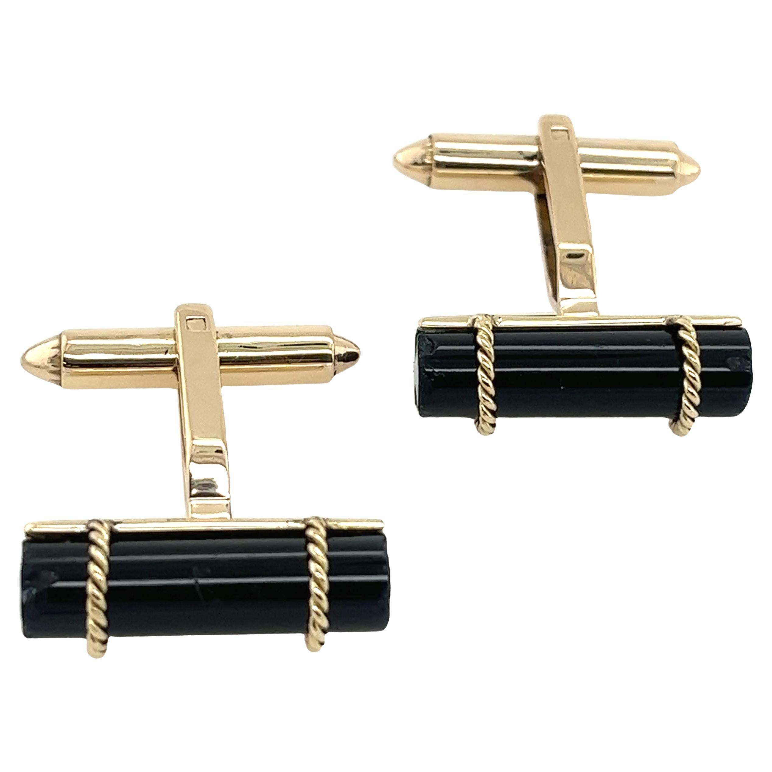 Vintage 14ct Yellow Gold Black Onyx Cufflinks For Sale