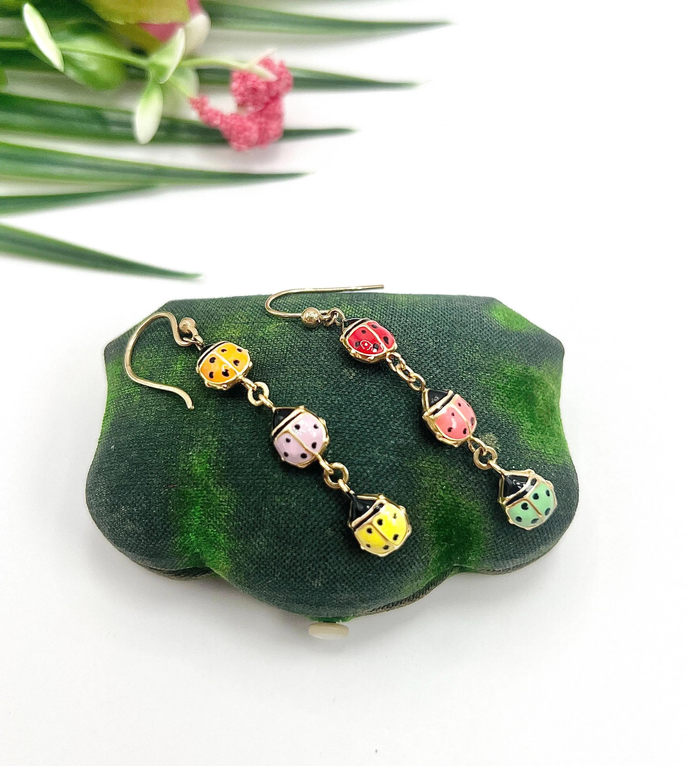 Vintage 14ct Gelbgold Bright Coloured Emaille Marienkäfer / Marienkäfer Tropfen Ohrringe im Angebot 6