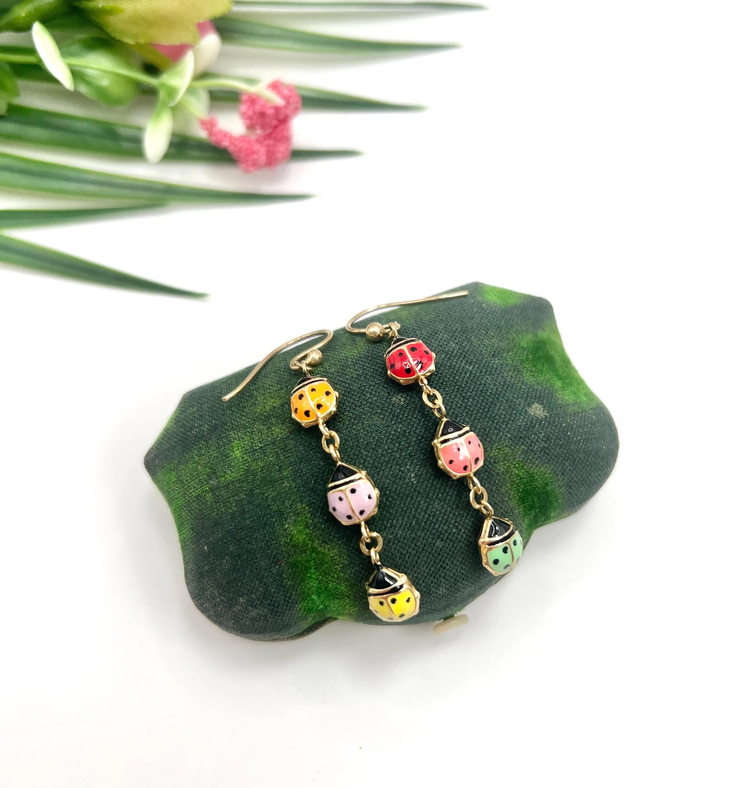 Vintage 14ct Gelbgold Bright Coloured Emaille Marienkäfer / Marienkäfer Tropfen Ohrringe im Angebot 5