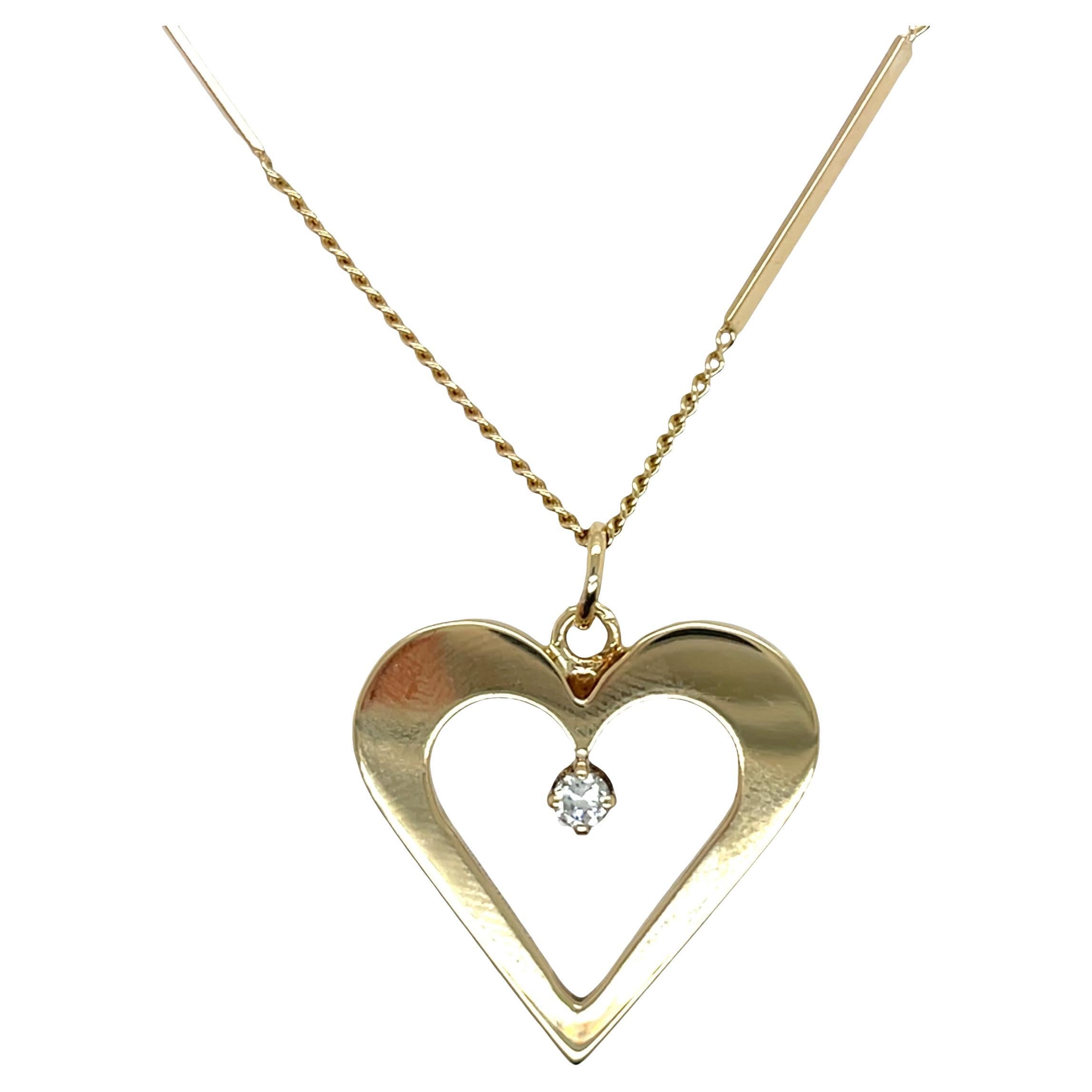 Vintage 14ct Yellow Gold Diamond Heart Pendant on 21" Chain