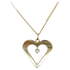 Vintage 14ct Yellow Gold Diamond Heart Pendant on 21" Chain