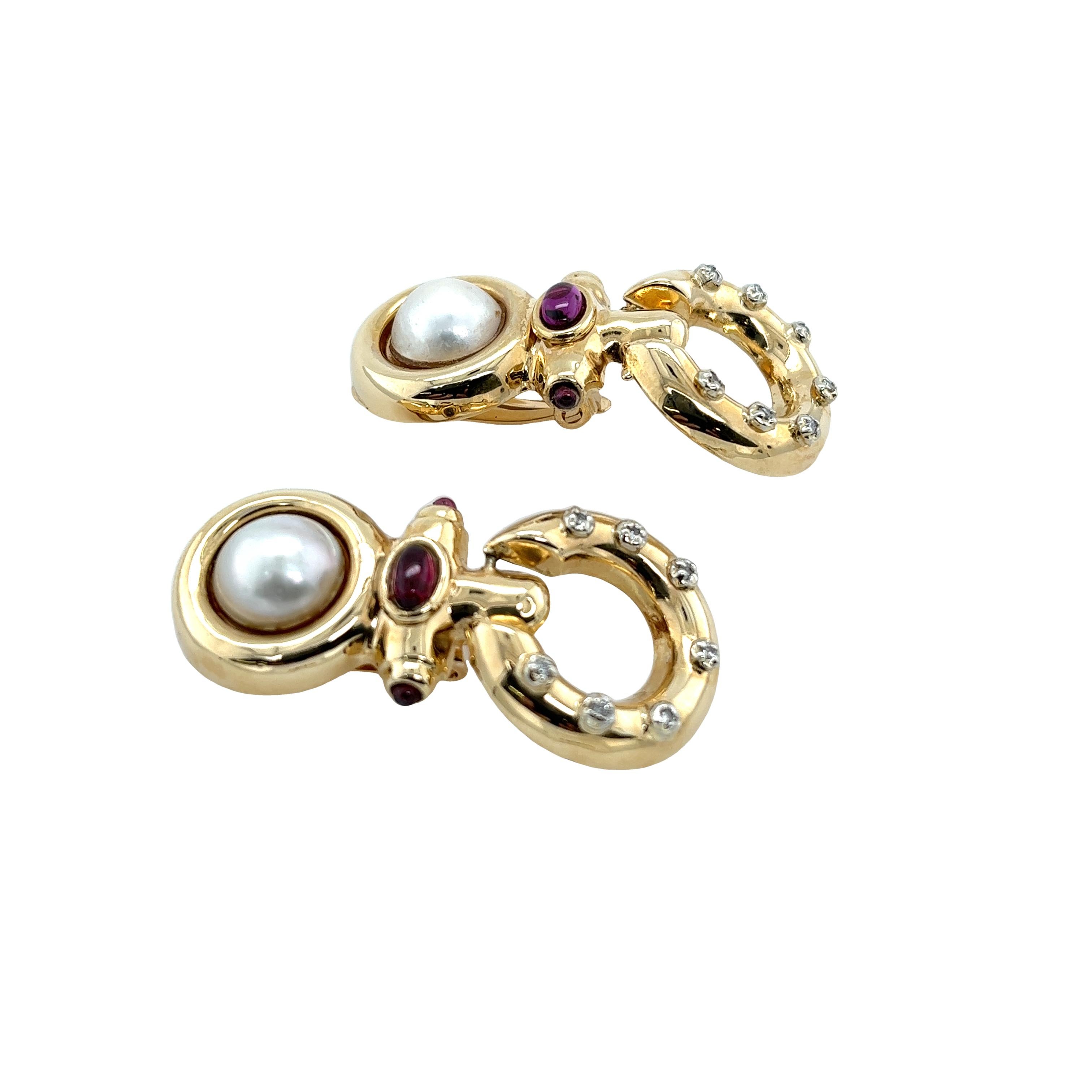 Vintage 14ct Yellow Gold Drop Ruby & Pearl Earrings In Excellent Condition For Sale In London, GB