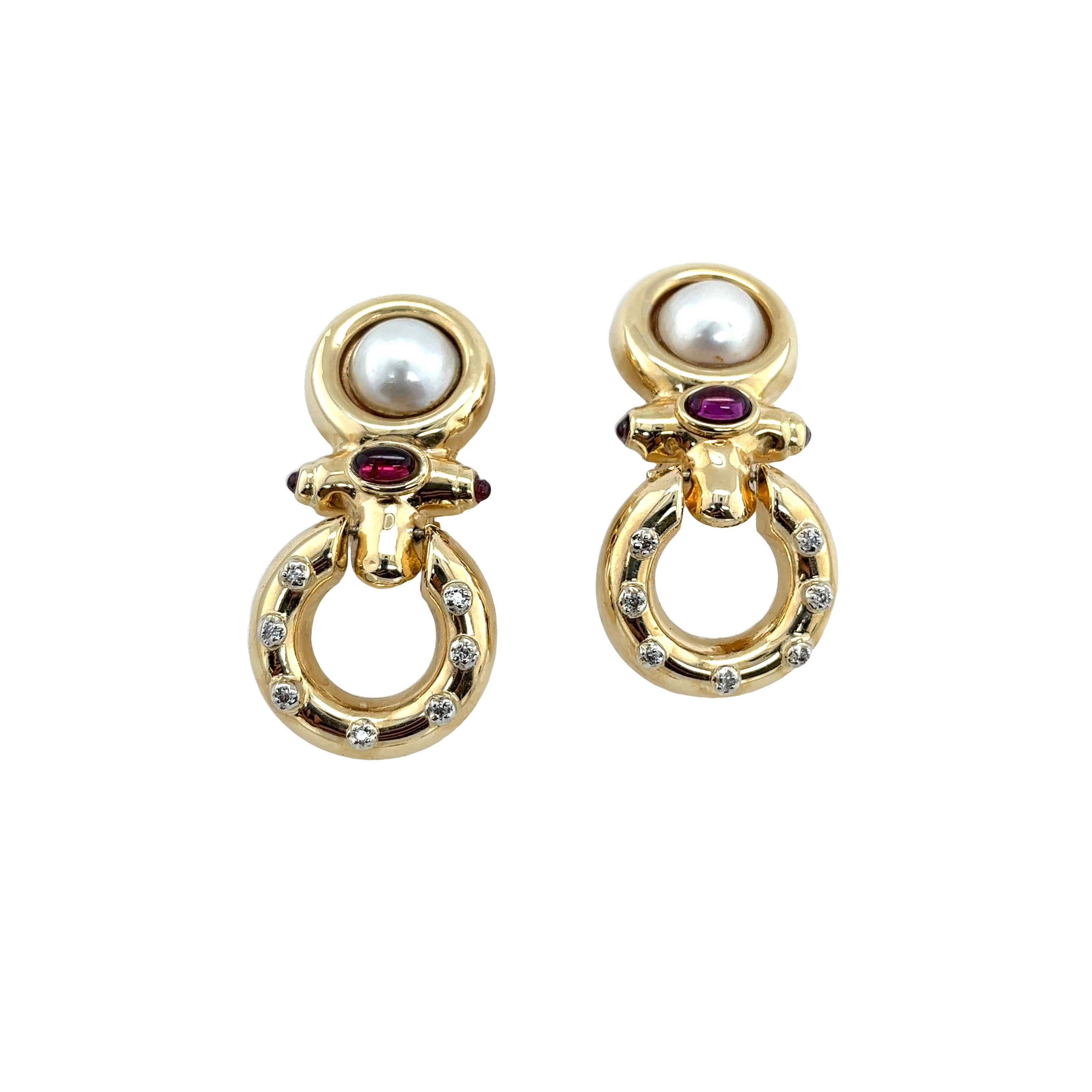 Women's Vintage 14ct Yellow Gold Drop Ruby & Pearl Earrings For Sale