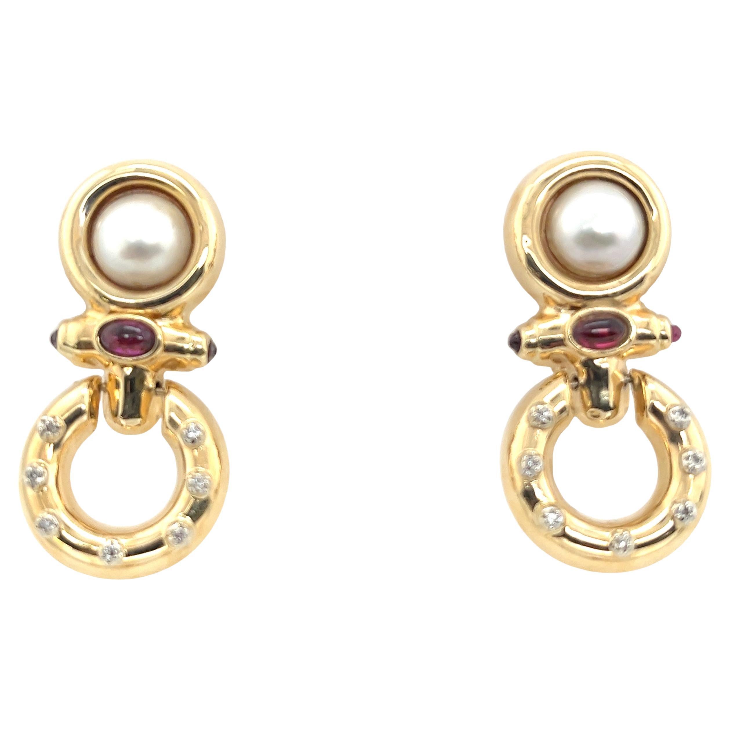 Vintage 14ct Yellow Gold Drop Ruby & Pearl Earrings For Sale