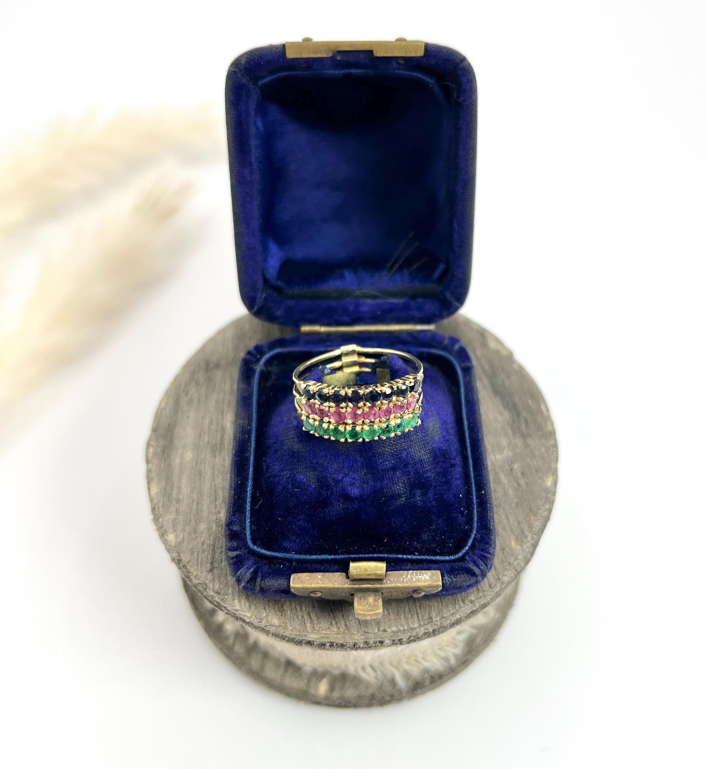 Vintage 14ct Yellow Gold Stamped, 1940s Sapphire, Ruby & Emerald Harem Ring 6
