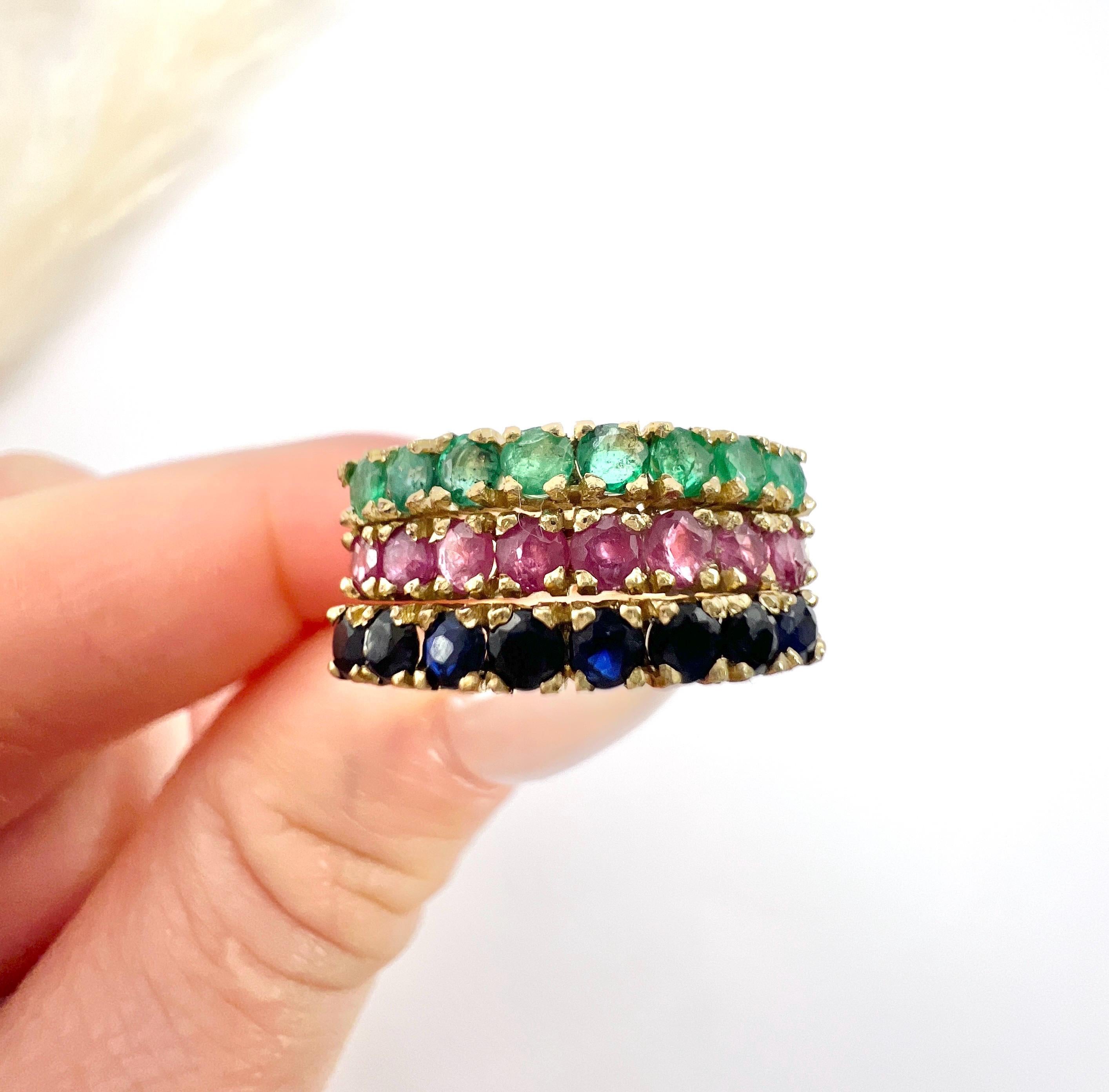 Round Cut Vintage 14ct Yellow Gold Stamped, 1940s Sapphire, Ruby & Emerald Harem Ring
