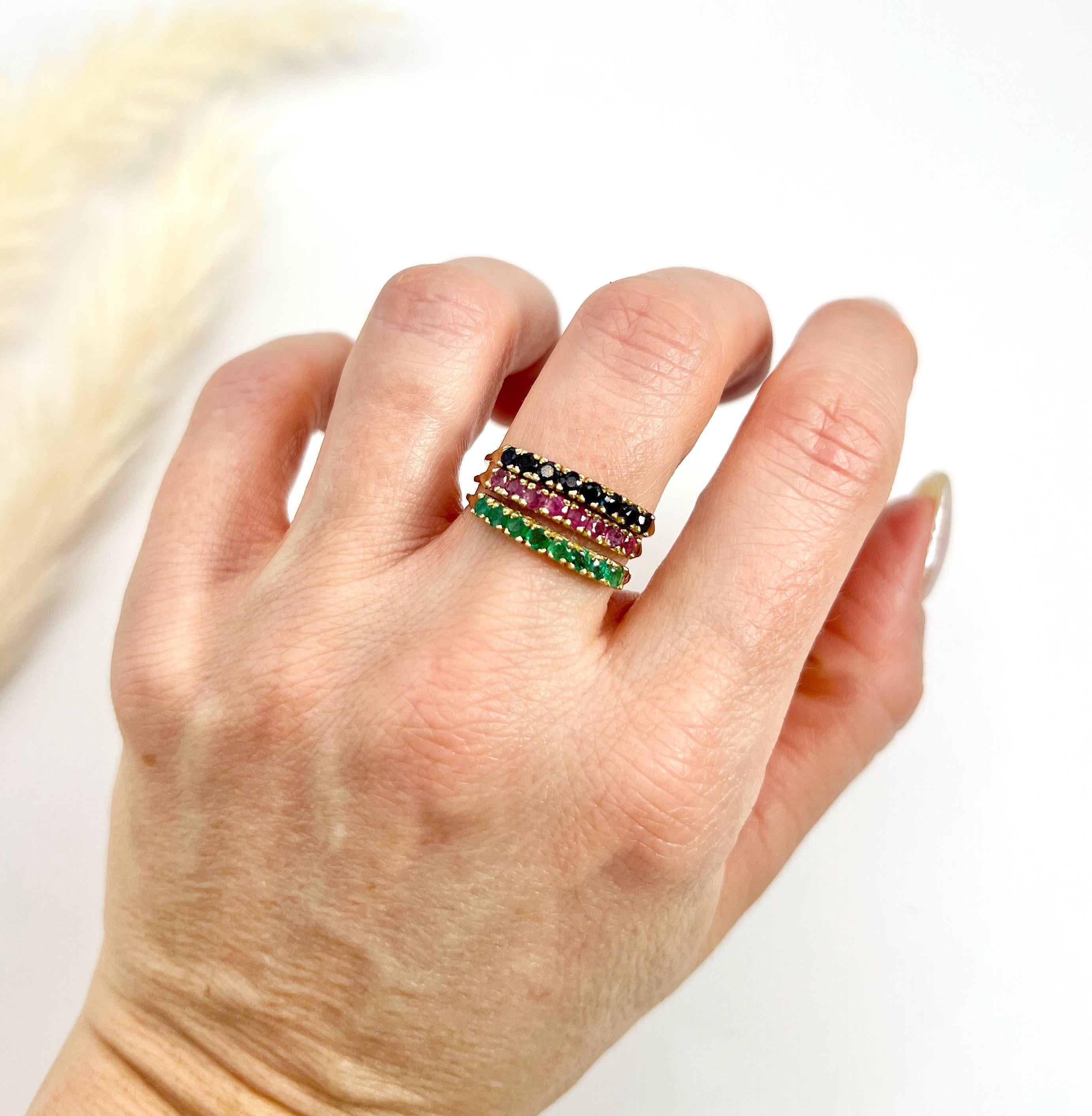 Vintage 14ct Yellow Gold Stamped, 1940s Sapphire, Ruby & Emerald Harem Ring 2