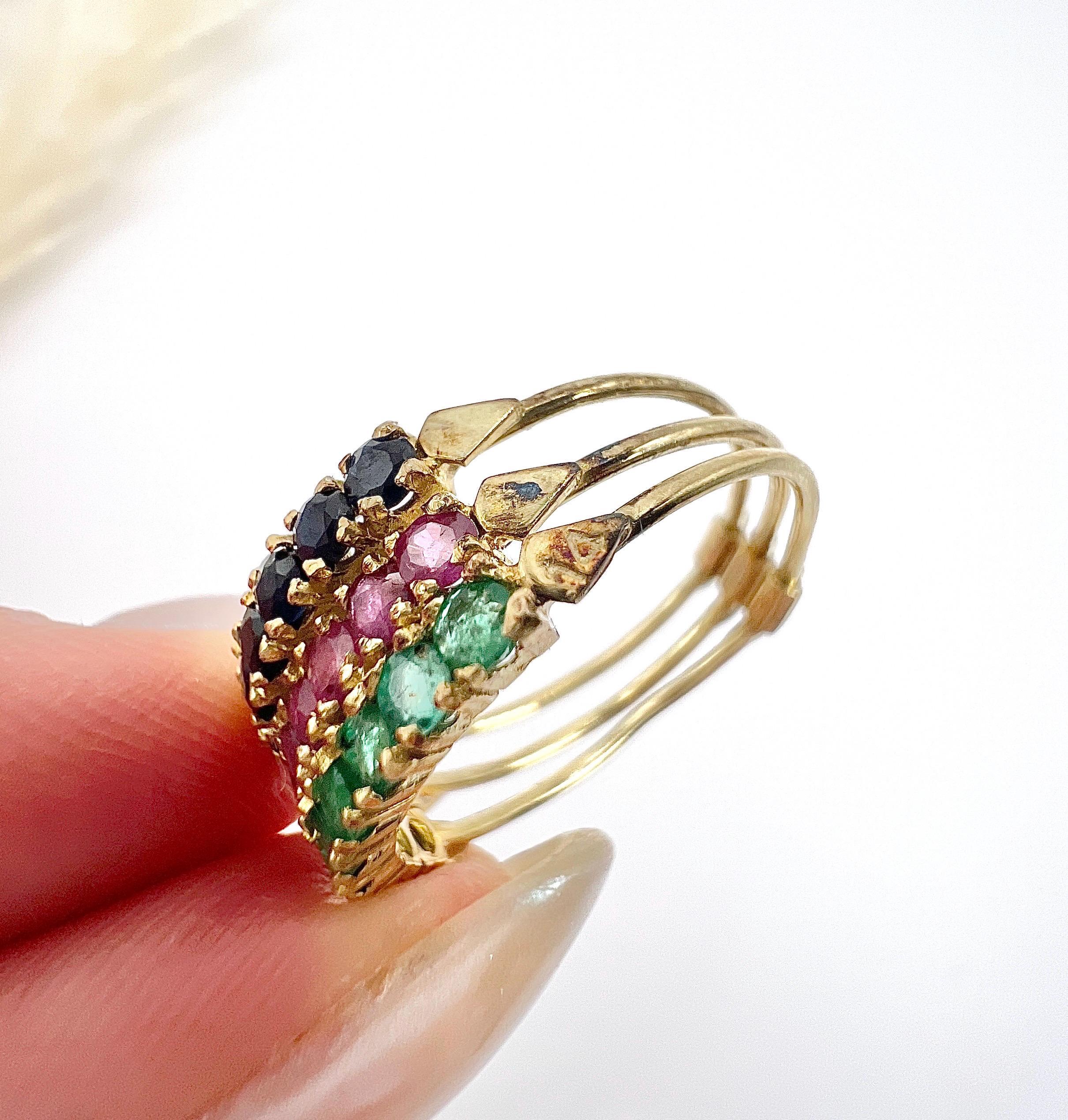 Vintage 14ct Yellow Gold Stamped, 1940s Sapphire, Ruby & Emerald Harem Ring 3
