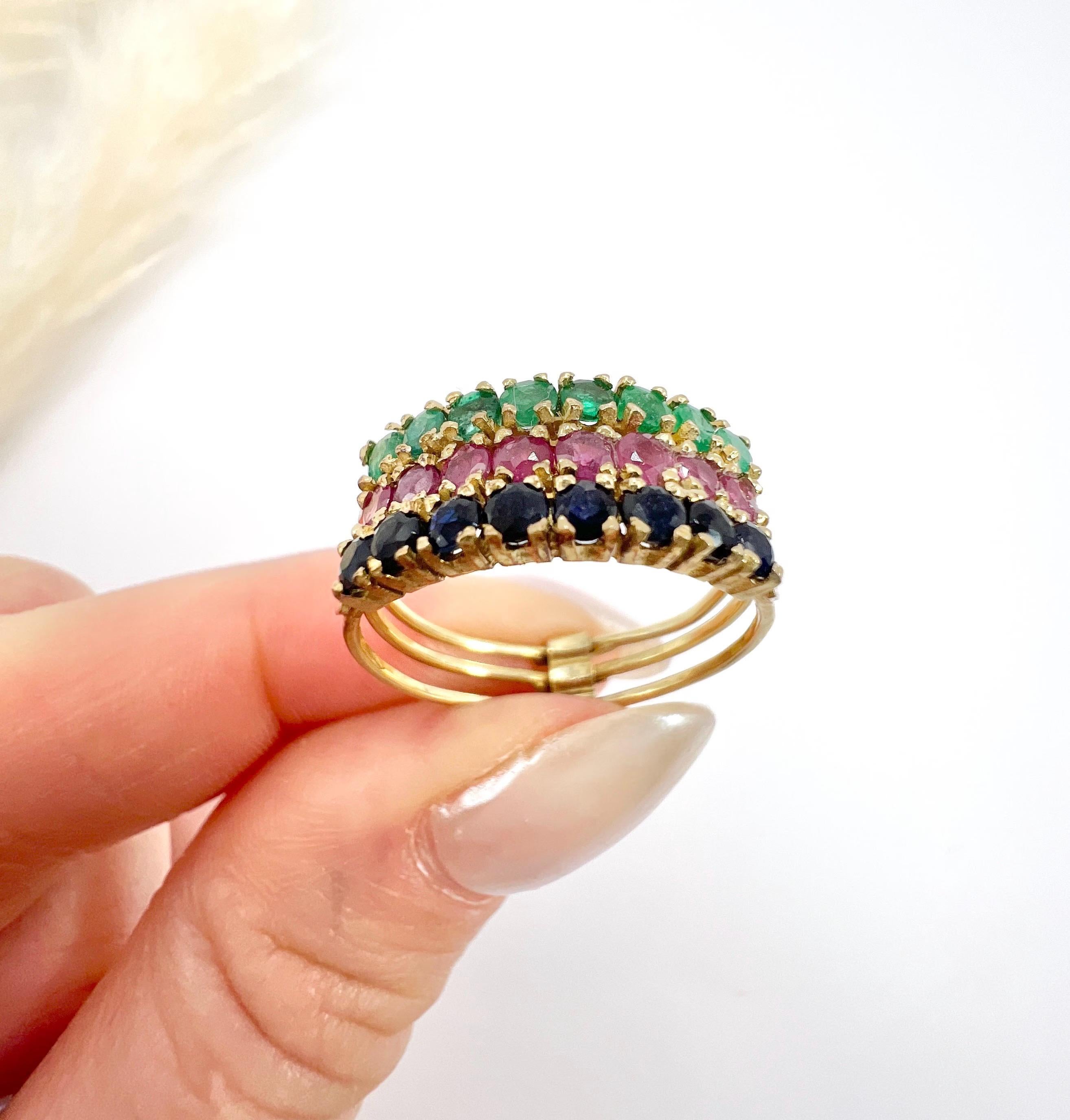 Vintage 14ct Yellow Gold Stamped, 1940s Sapphire, Ruby & Emerald Harem Ring 4