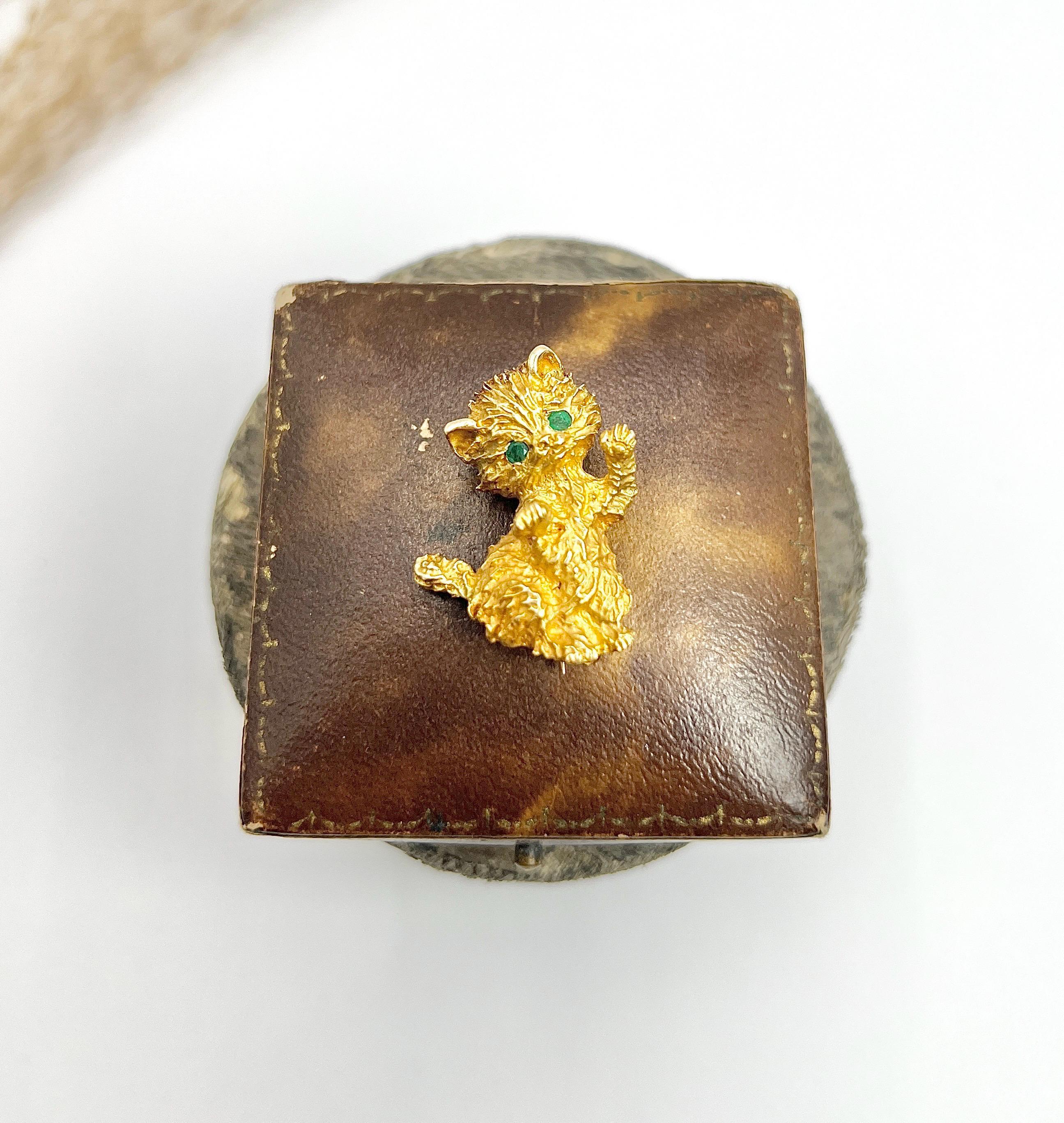 Broche de chat vintage

14ct or estampillé 

Circa 1960s

Ajoutez une touche de fantaisie à votre collection de bijoux avec cette ravissante broche en or jaune 14ct représentant un chat. Posé de manière ludique, cet adorable chaton présente une