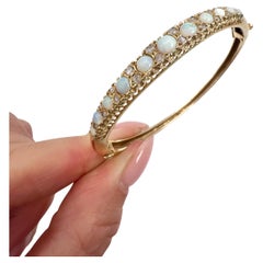 Vintage 14ct Yellow Gold Stamped, 1960s Graduated Opal & Diamond Bangle Bracelet