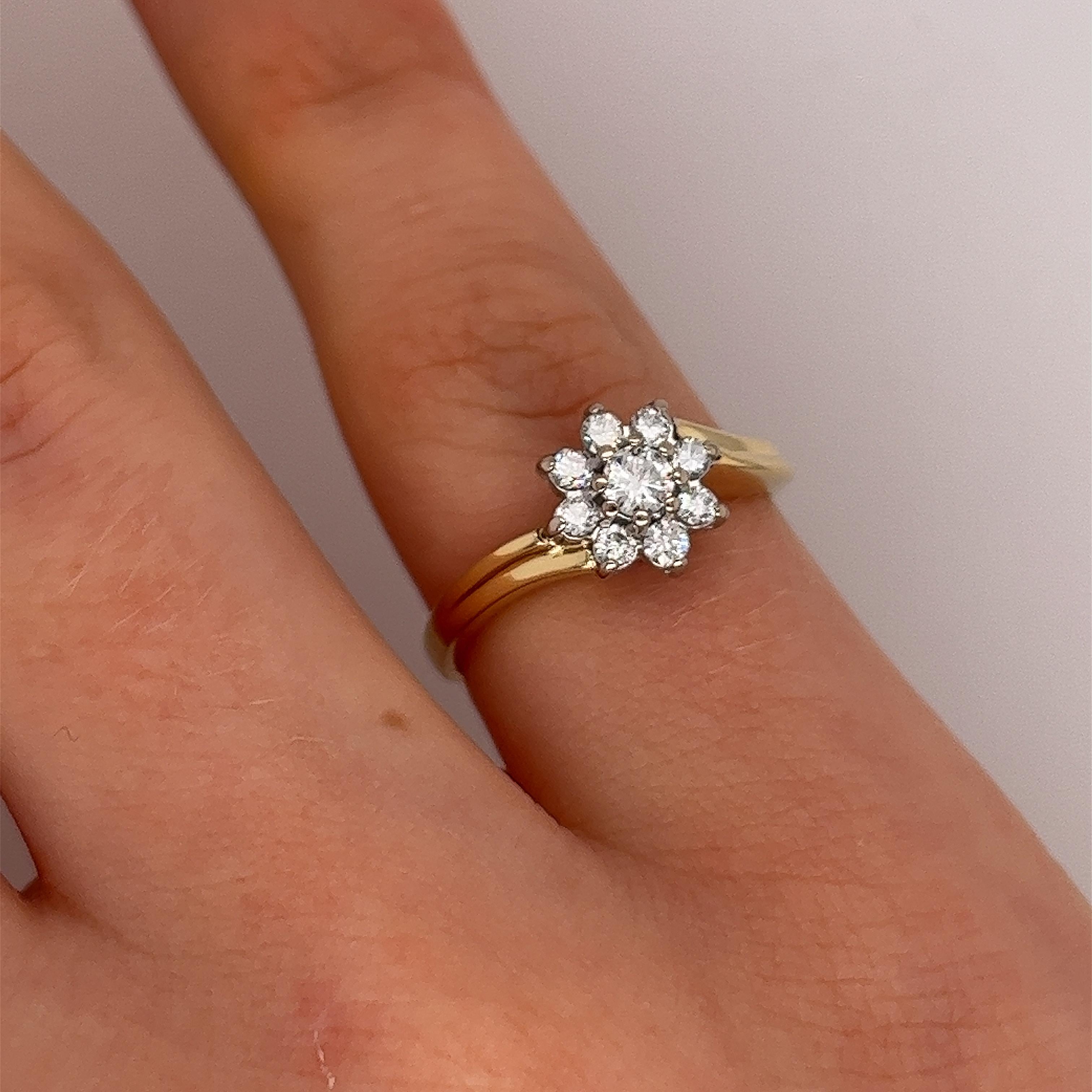 An elegant and unique vintage diamond cluster ring, 
set with 0.30ct G colour and SI1 clarity round brilliant cut diamonds in a 14ct yellow & white gold setting.

Total Diamond Weight: 0.30ct
Diamond Colour: G
Diamond Clarity: SI1
Width of Band: