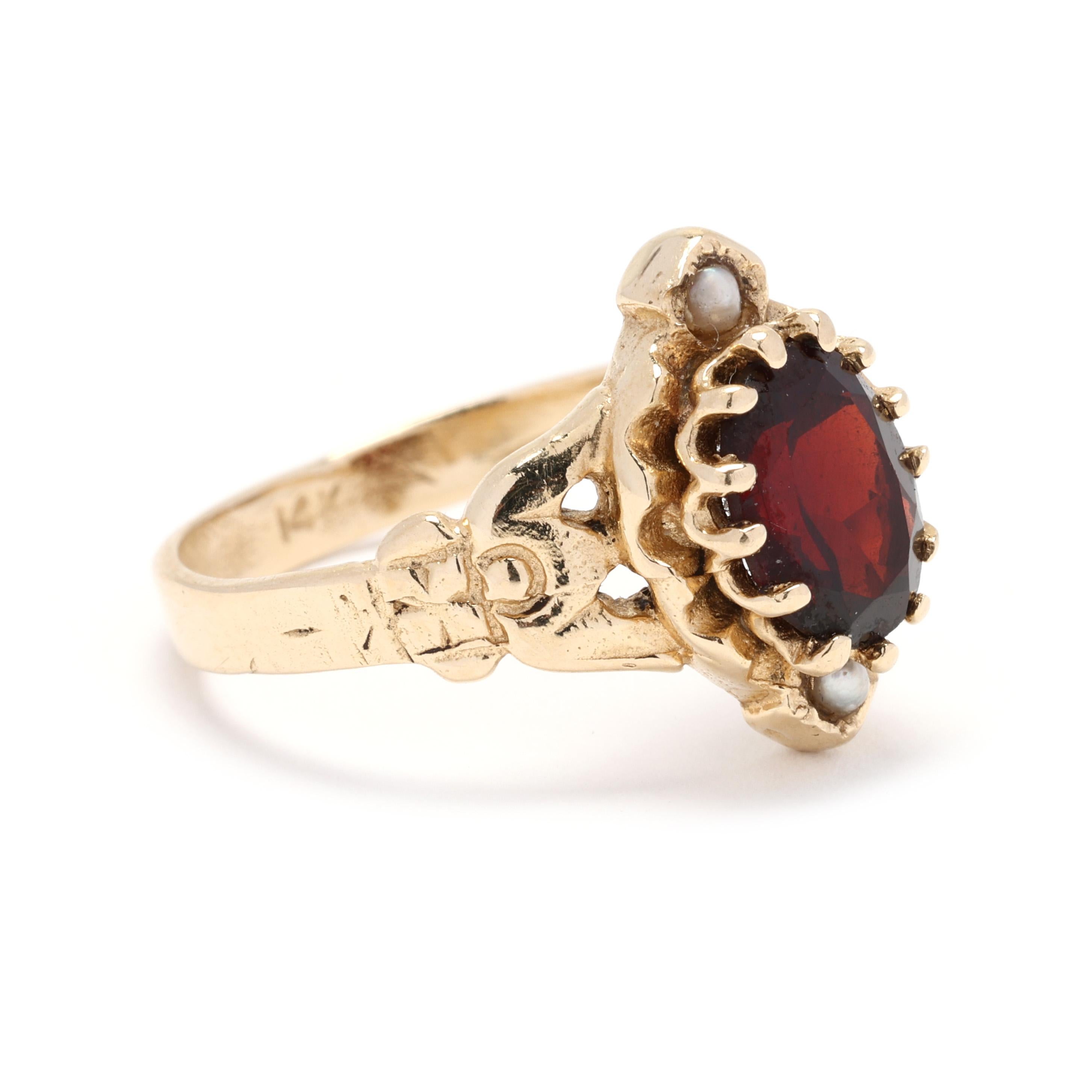Capture the essence of timeless romance with this exquisite vintage engagement ring, featuring a stunning combination of garnet and pearls set in rich 14k yellow gold. This unique piece is perfect for those who appreciate the beauty of