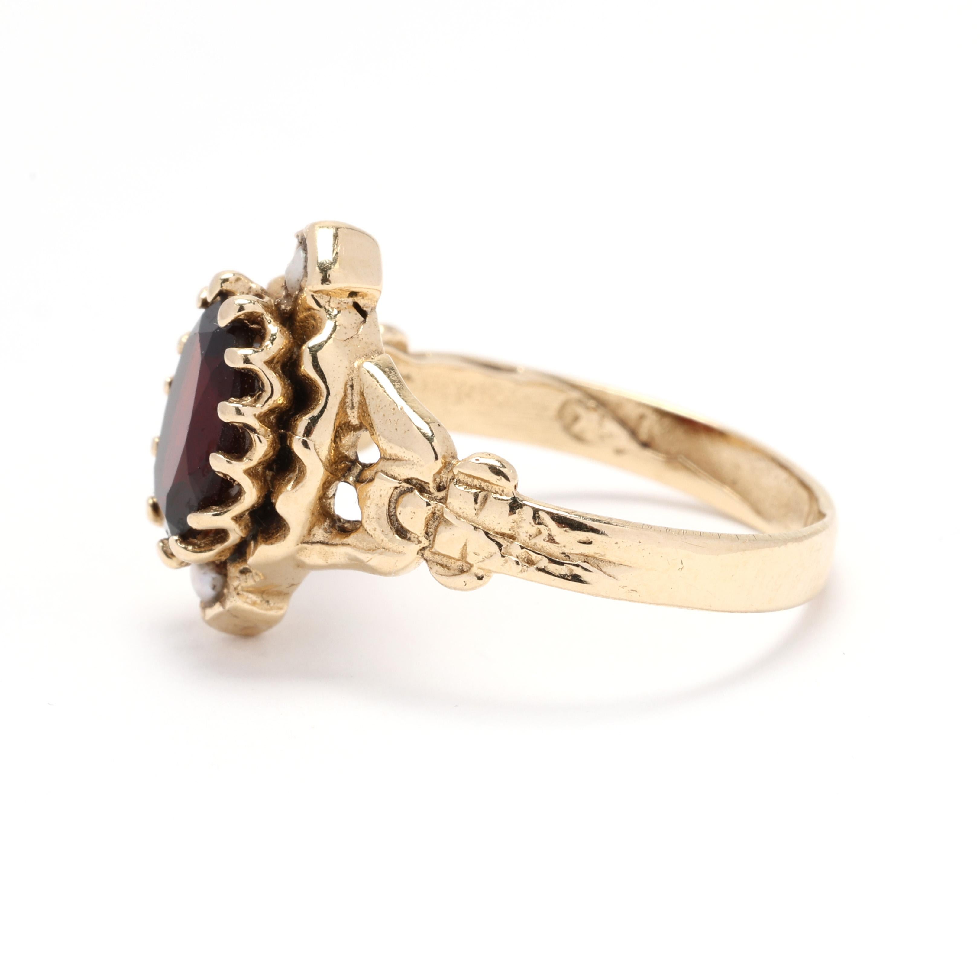 Vintage 1.4ctw Garnet and Pearl Engagement Ring, 14k Yellow Gold, Ring Size 5 In Good Condition In McLeansville, NC