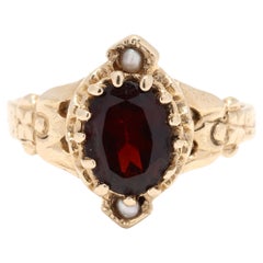 Vintage 1.4ctw Garnet and Pearl Engagement Ring, 14k Yellow Gold, Ring Size 5
