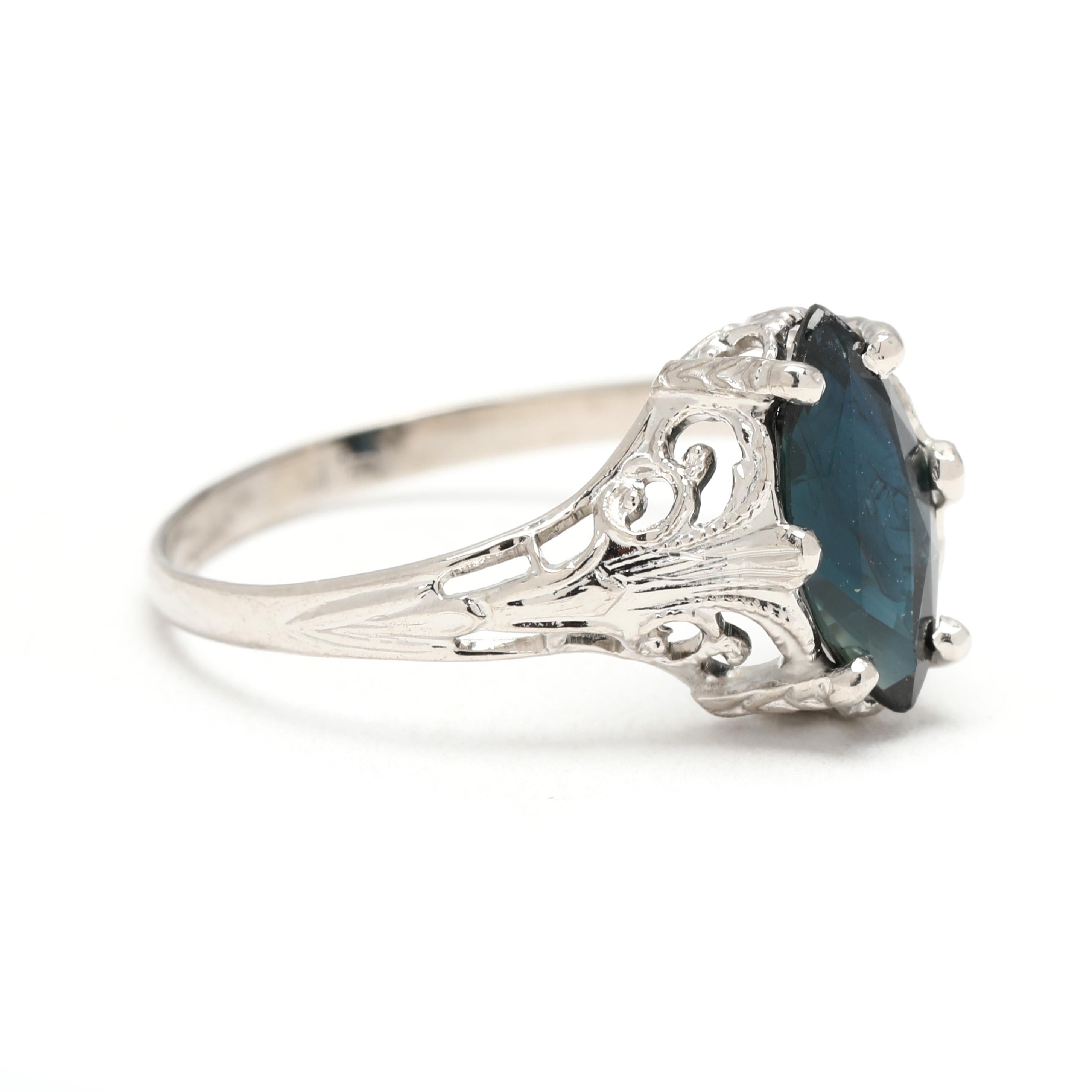 Stones:
sapphire, 1 stone
marquise cut
9.8 x 4.5 mm
approximately 1.4 total carats

Ring Size 5.25

Rise Off Of Finger: 4 mm

Length: 9.9 mm

Weight: .7 grams

Stamps: 14k (tested)

SKU: R3892

A Couple Of Things to Note:
* This is a vintage item