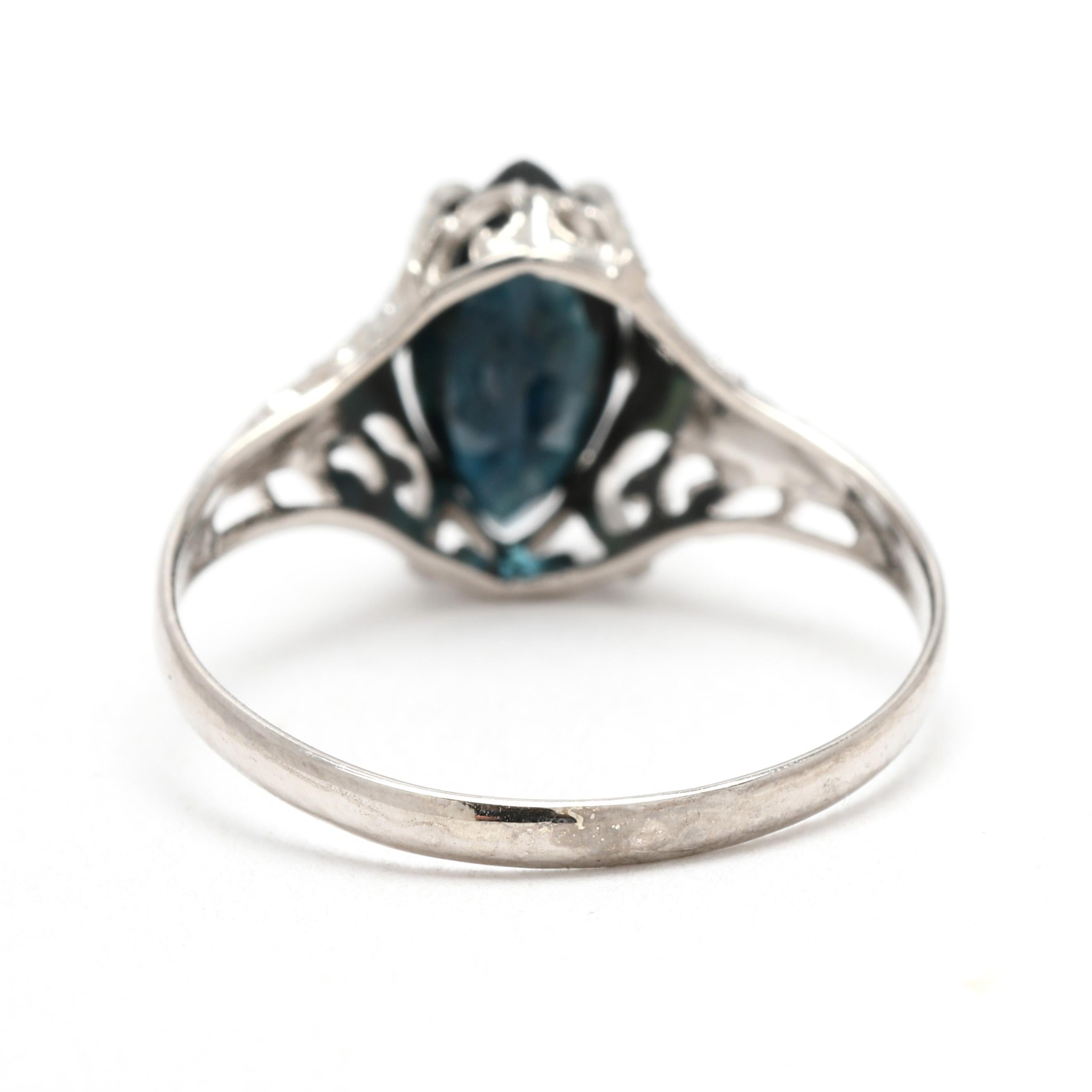 Marquise Cut Vintage 1.4ctw Marquise Sapphire Filigree Ring, 14k White Gold, Ring Size 5.25 For Sale