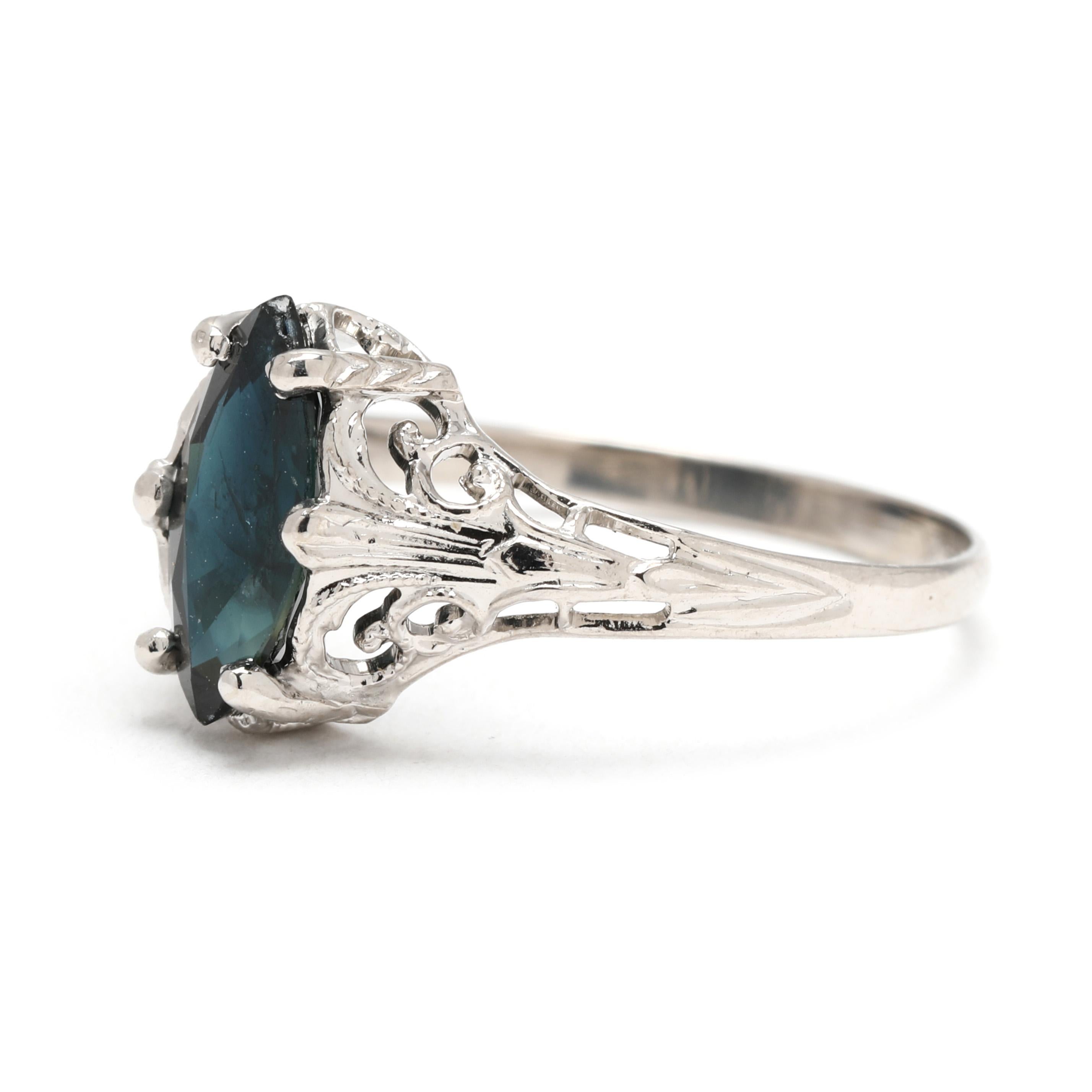 Vintage 1.4ctw Marquise Sapphire Filigree Ring, 14k White Gold, Ring Size 5.25 In Good Condition For Sale In McLeansville, NC