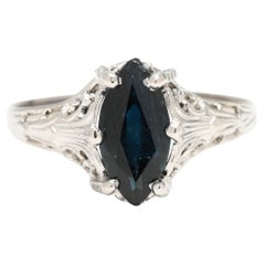 Vintage 1.4ctw Marquise Sapphire Filigree Ring, 14k White Gold, Ring Size 5.25