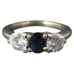 Vintage 14K Weißgold Drei-Stein Diamant Saphir Ring, Größe 6