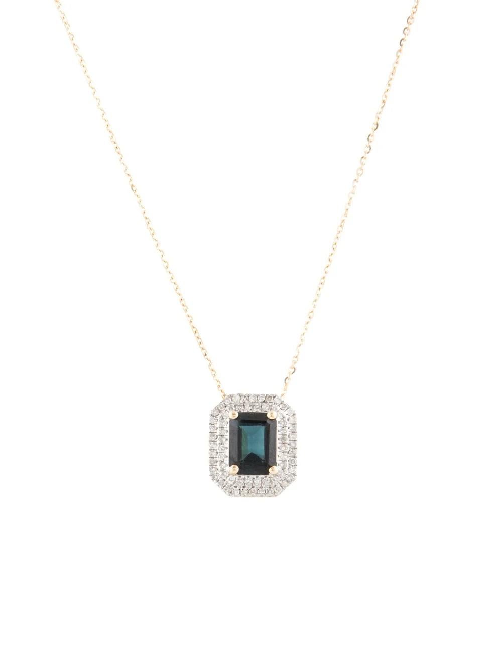 Elevate your style with this exquisite 14K Yellow Gold Pendant Necklace, featuring a captivating 1.36 Carat Emerald Cut Tourmaline and 0.27 Carats of shimmering Diamonds.

Specifications:

* Metal Type: 14K Yellow Gold
* Length: Adjustable from 16