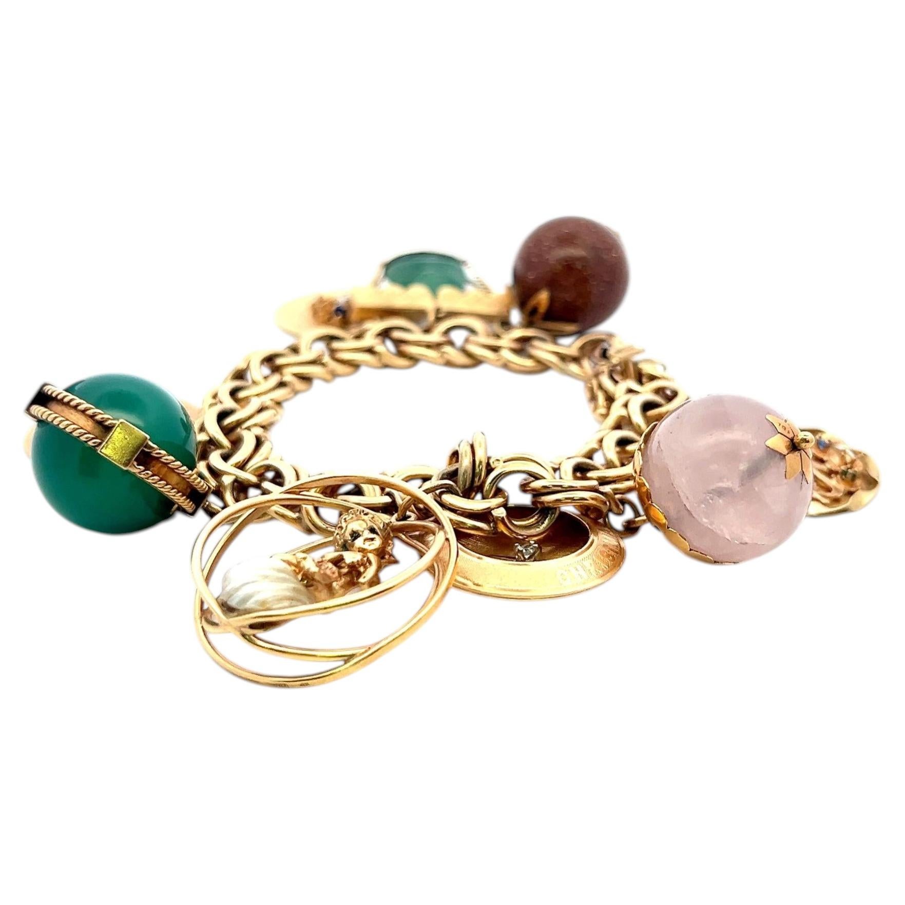 Pulsera vintage de oro amarillo de 14K/18K con dijes y gemas variadas de 1,5 mm a 20,00 mm