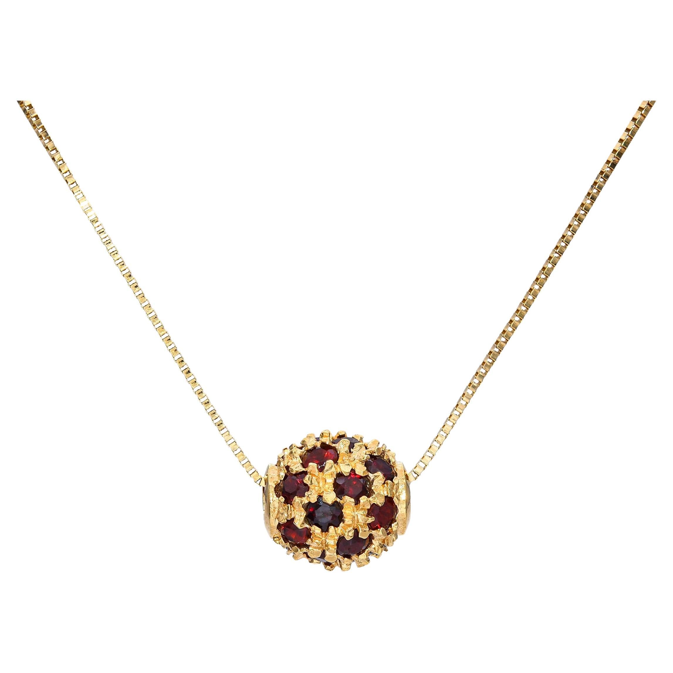 Vintage 14k & 18k Yellow Gold Garnet Sliding Sphere Pendant Necklace