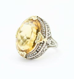 Vintage 14k 2 Tone Oval Citrine with Tiny Sea Pearls Surrounding It