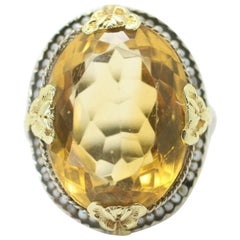 Vintage 14k 2 Tone Oval Citrine with Tiny Sea Pearls Surrounding It