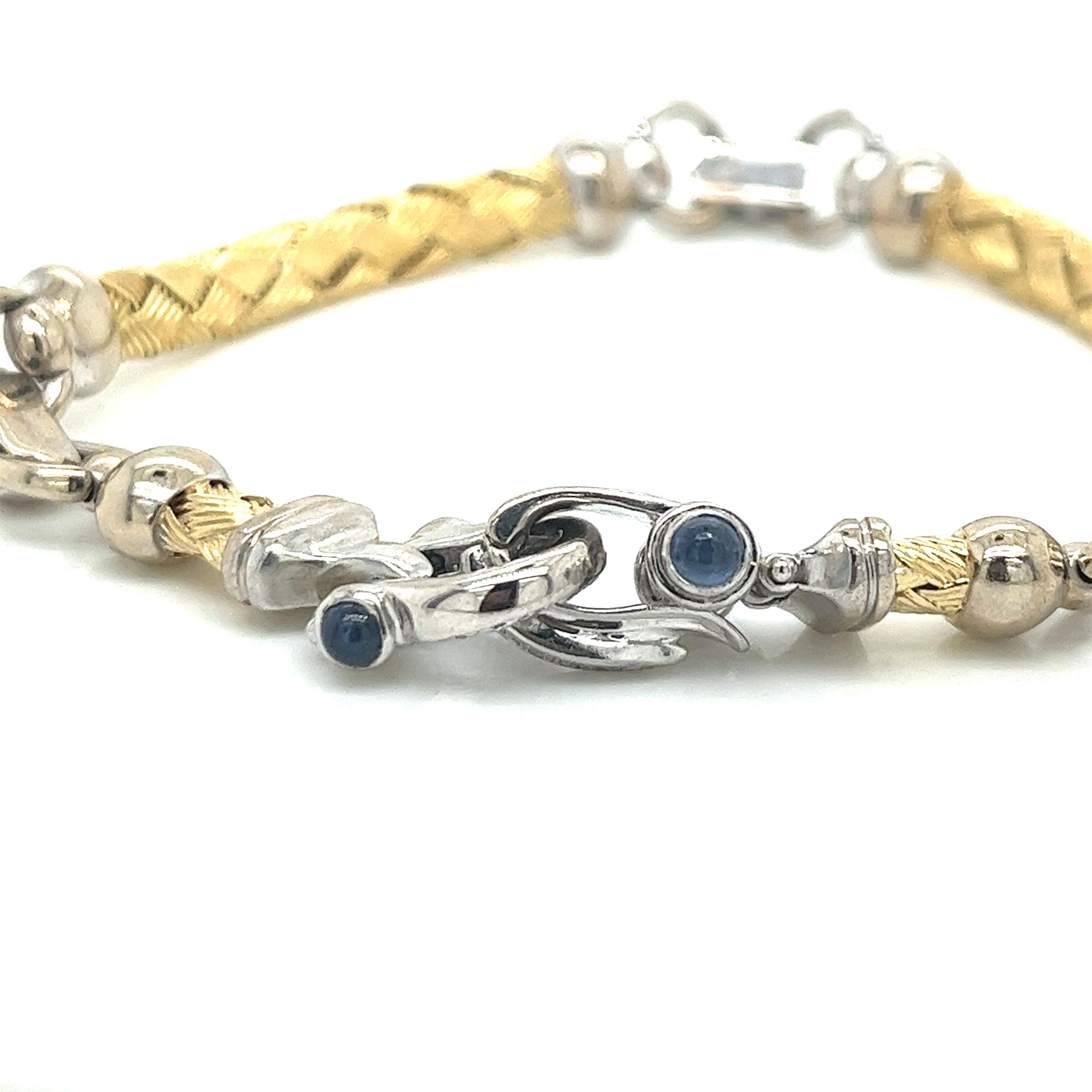 Modern Vintage 14K 2-Tone Woven Gold Bar Link Bracelet and Diamond Horseshoe Clasp For Sale