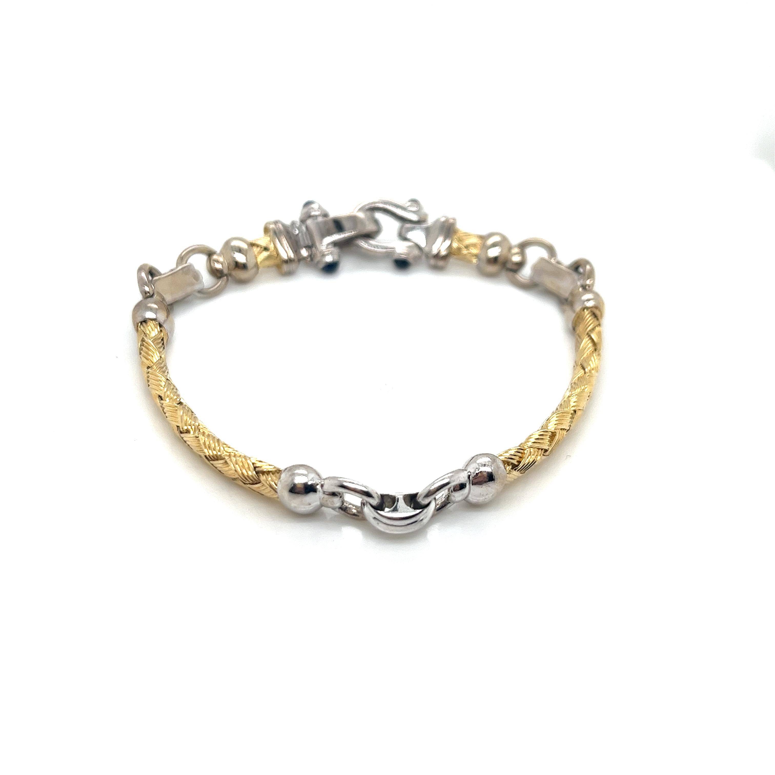 Round Cut Vintage 14K 2-Tone Woven Gold Bar Link Bracelet and Diamond Horseshoe Clasp For Sale