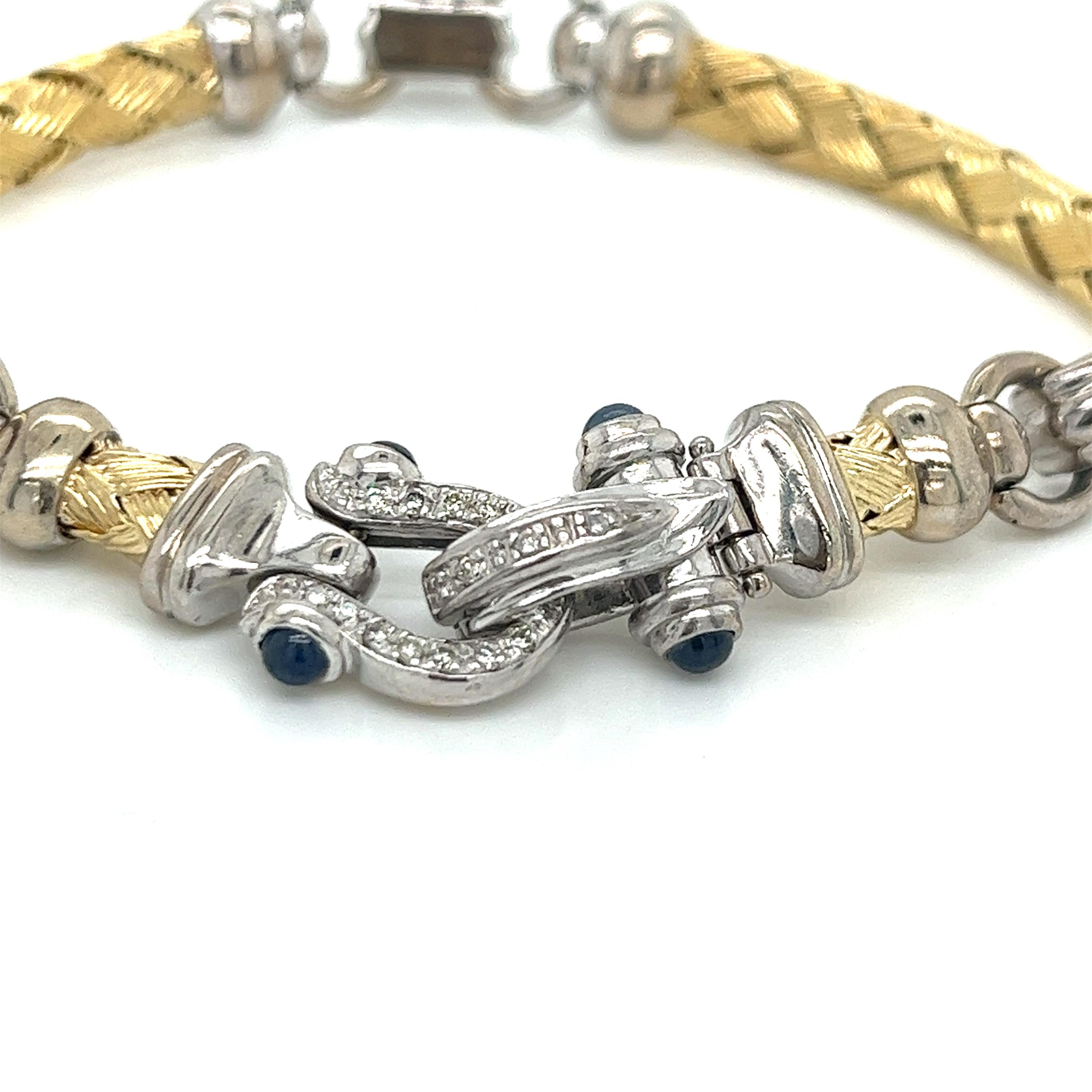 Vintage 14K 2-Tone Woven Gold Bar Link Bracelet and Diamond Horseshoe Clasp In Excellent Condition For Sale In Boston, MA
