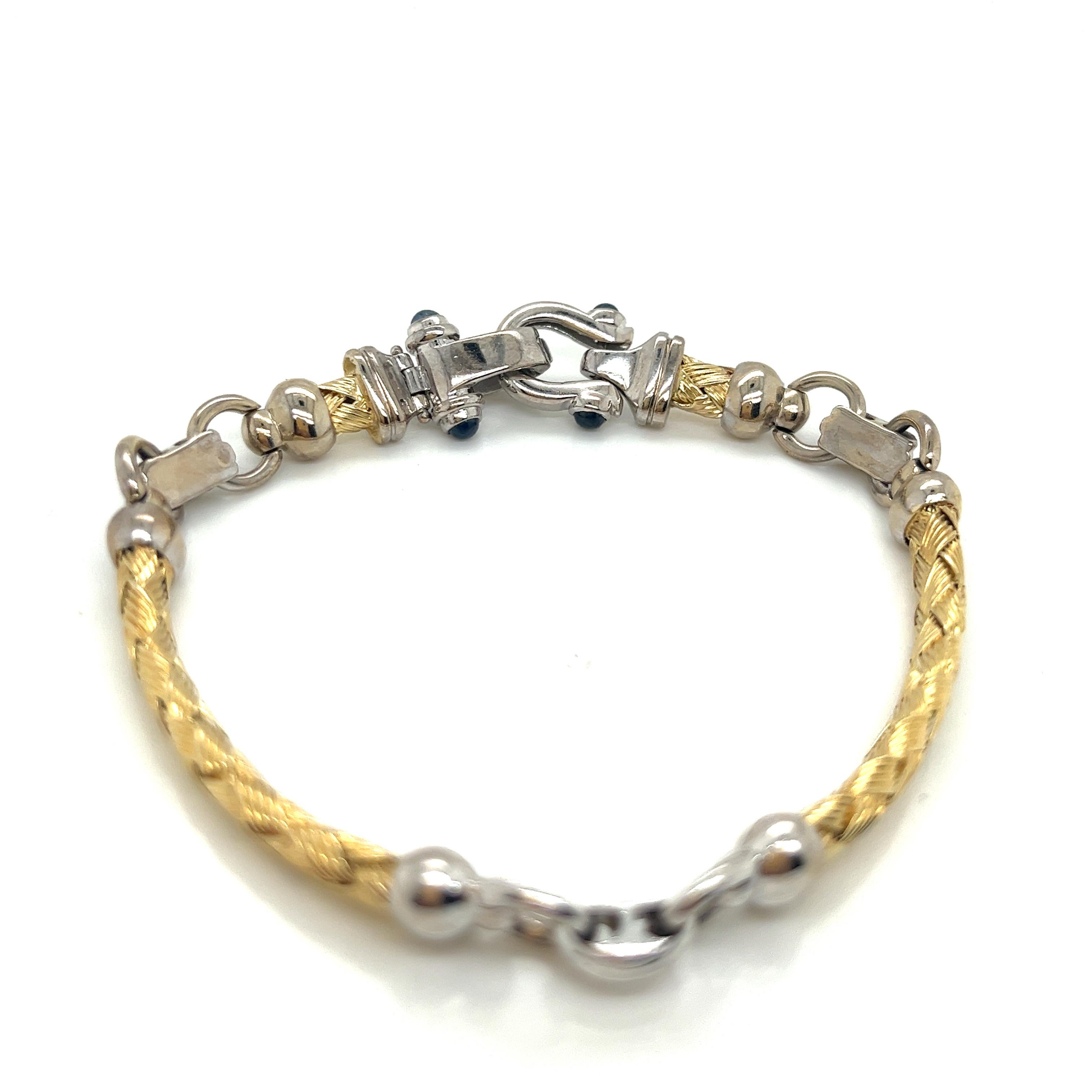Women's Vintage 14K 2-Tone Woven Gold Bar Link Bracelet and Diamond Horseshoe Clasp For Sale