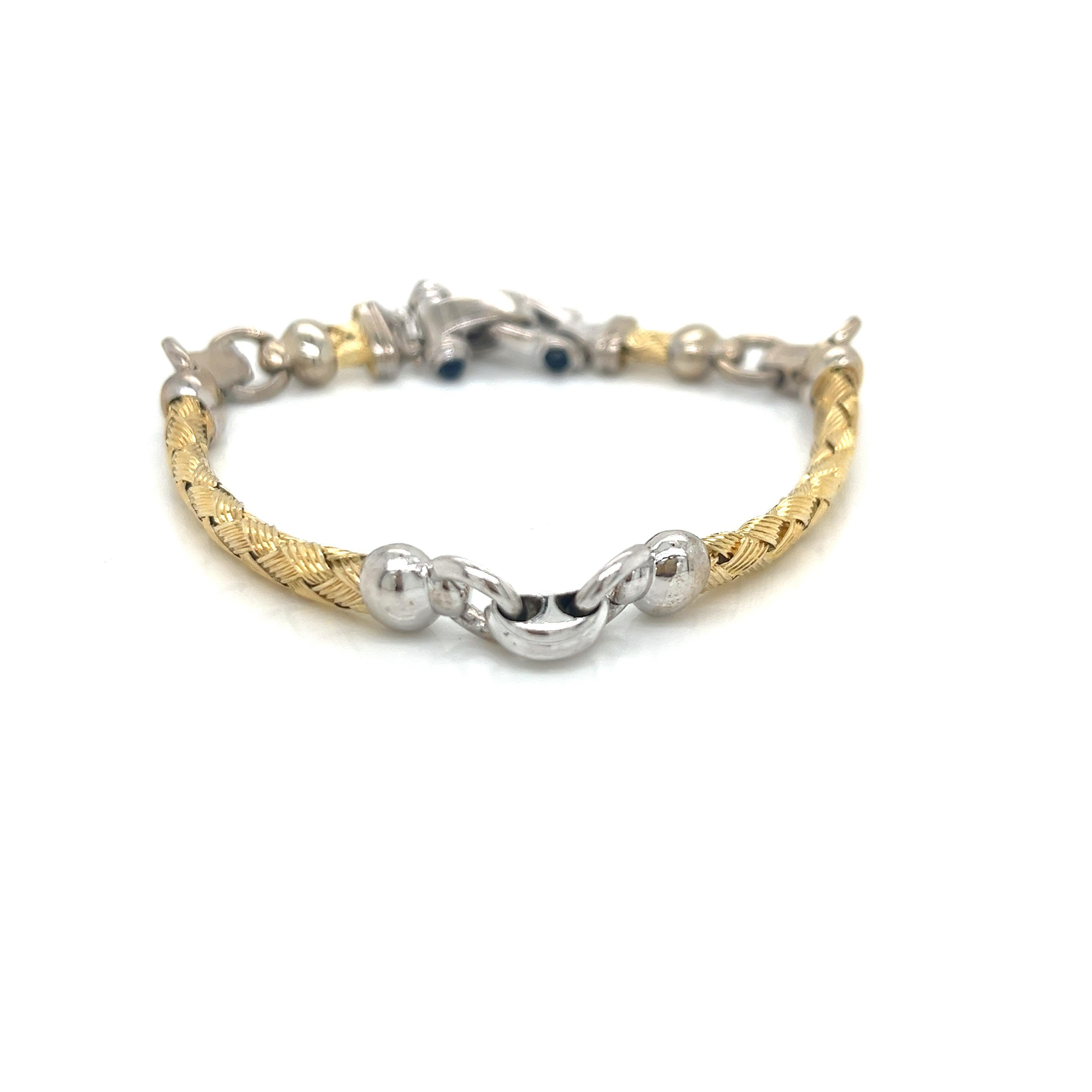 Vintage 14K 2-Tone Woven Gold Bar Link Bracelet and Diamond Horseshoe Clasp For Sale 1