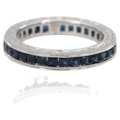 Vintage 14K 585 Weißgold rundum natürlichen Saphir Gravur Band Ring