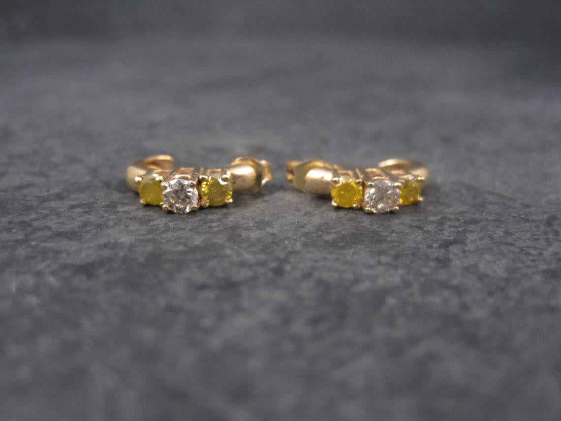 Vintage 14K .70 Ctw Fancy Yellow and White Diamond Earrings For Sale 4