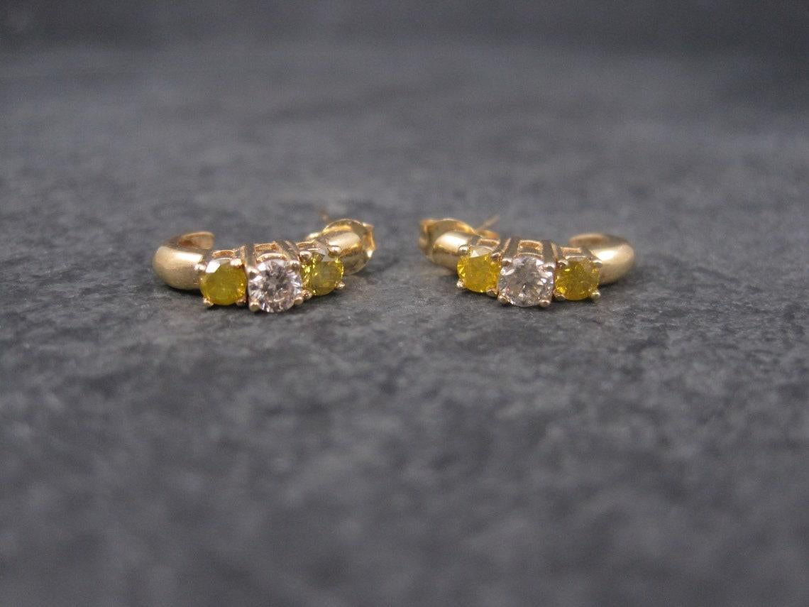 Vintage 14K .70 Ctw Fancy Yellow and White Diamond Earrings For Sale 5