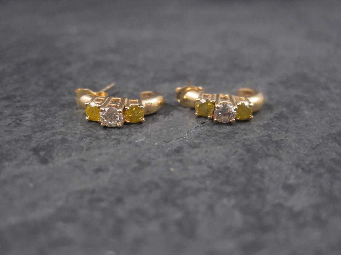 Round Cut Vintage 14K .70 Ctw Fancy Yellow and White Diamond Earrings For Sale