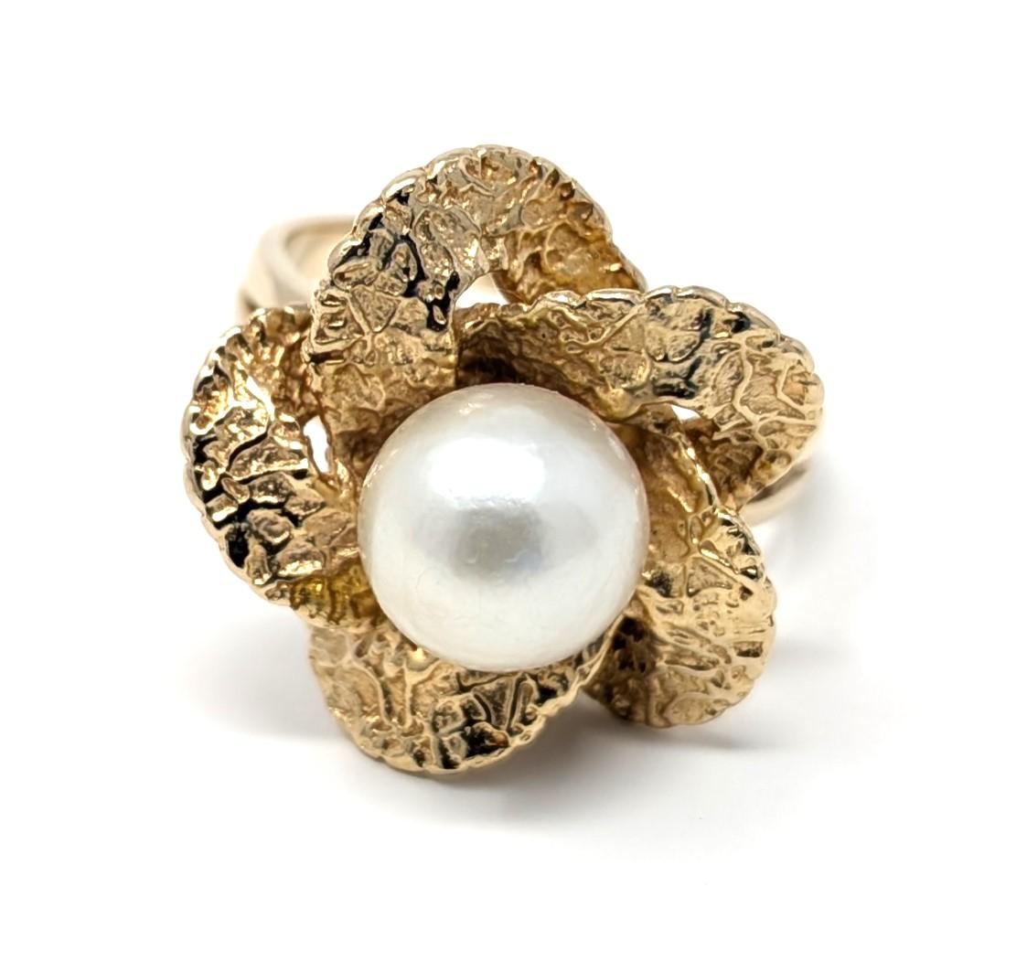 Vintage 14k Akoya Perle Ring Blume Floral Solid Gelbgold US Größe 6,5 Damen im Angebot
