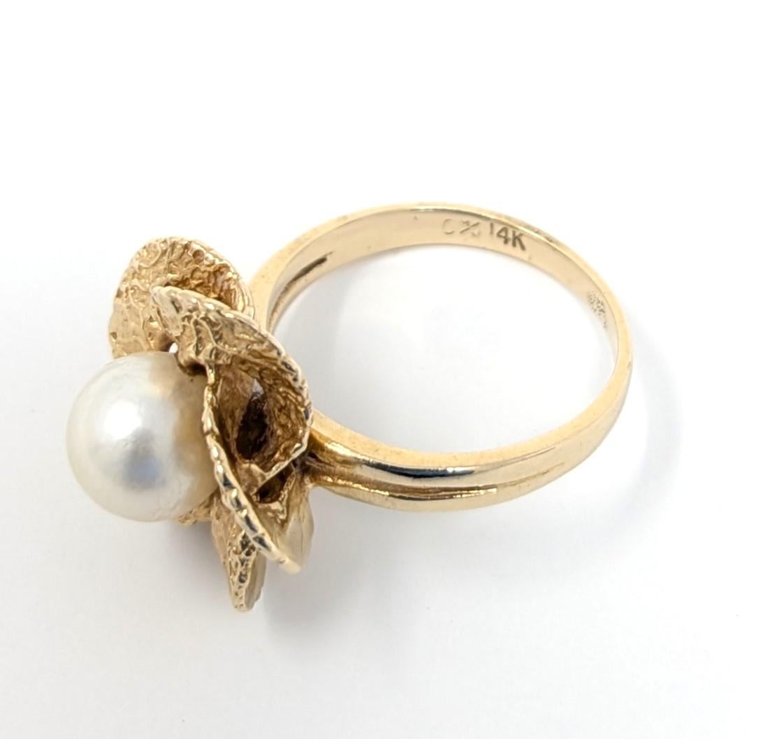 Vintage 14k Akoya Perle Ring Blume Floral Solid Gelbgold US Größe 6,5 im Angebot 2