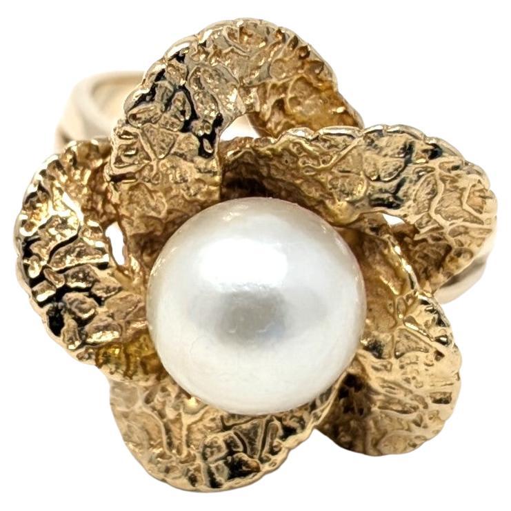 Vintage 14k Akoya Perle Ring Blume Floral Solid Gelbgold US Größe 6,5
