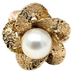 Vintage 14k Akoya Perle Ring Blume Floral Solid Gelbgold US Größe 6,5