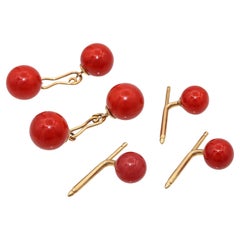 Vintage 14k and 18k Yellow Gold Red Coral Tuxedo Shirt Studs & Cufflinks Set
